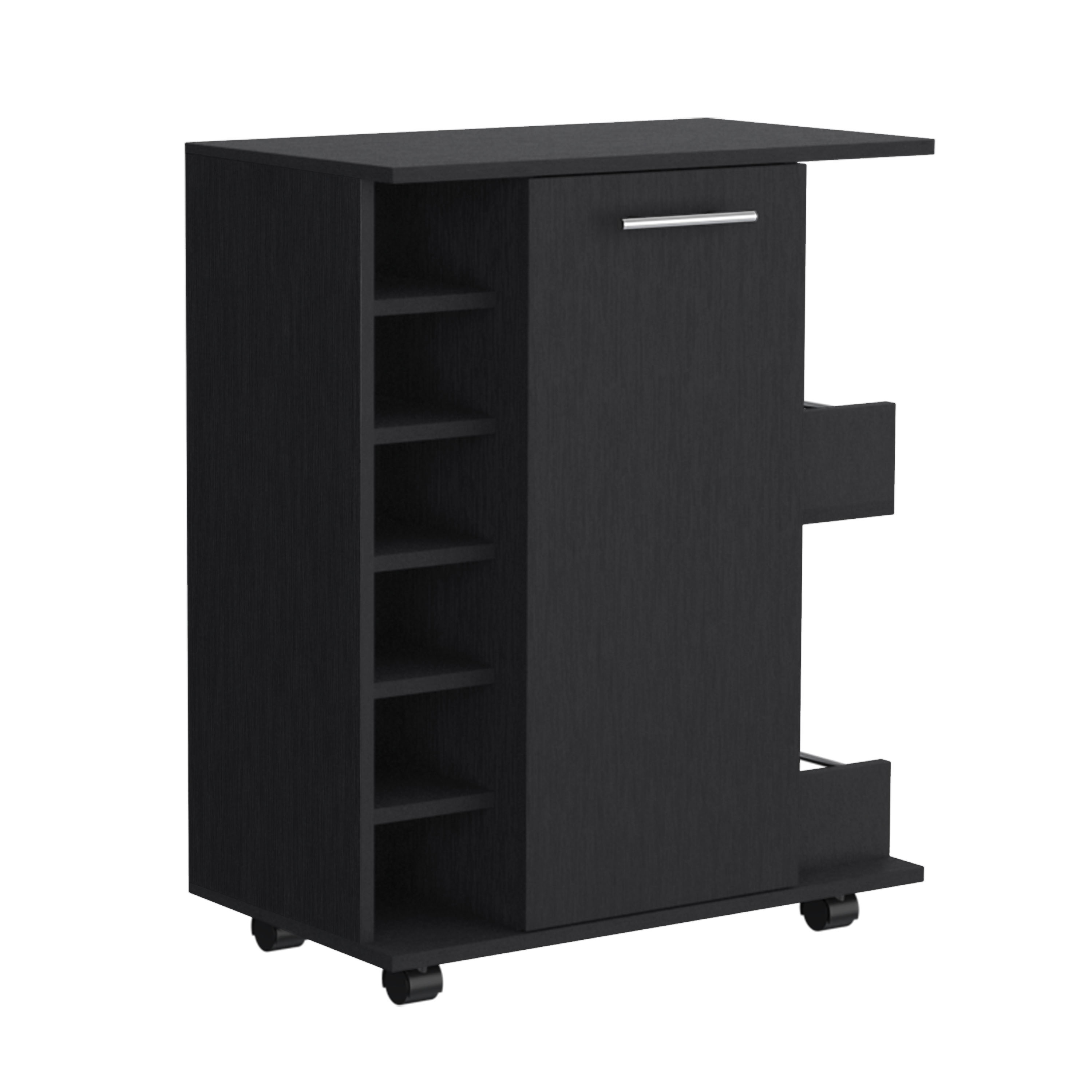 Black 4-wheel bar cart cabinet for kitchen or living room, with 6 side built-in bottle racks, 1 interior shelve, 2 side shelves, 2 space with wood door to store glasses, cups, coffee or snacks