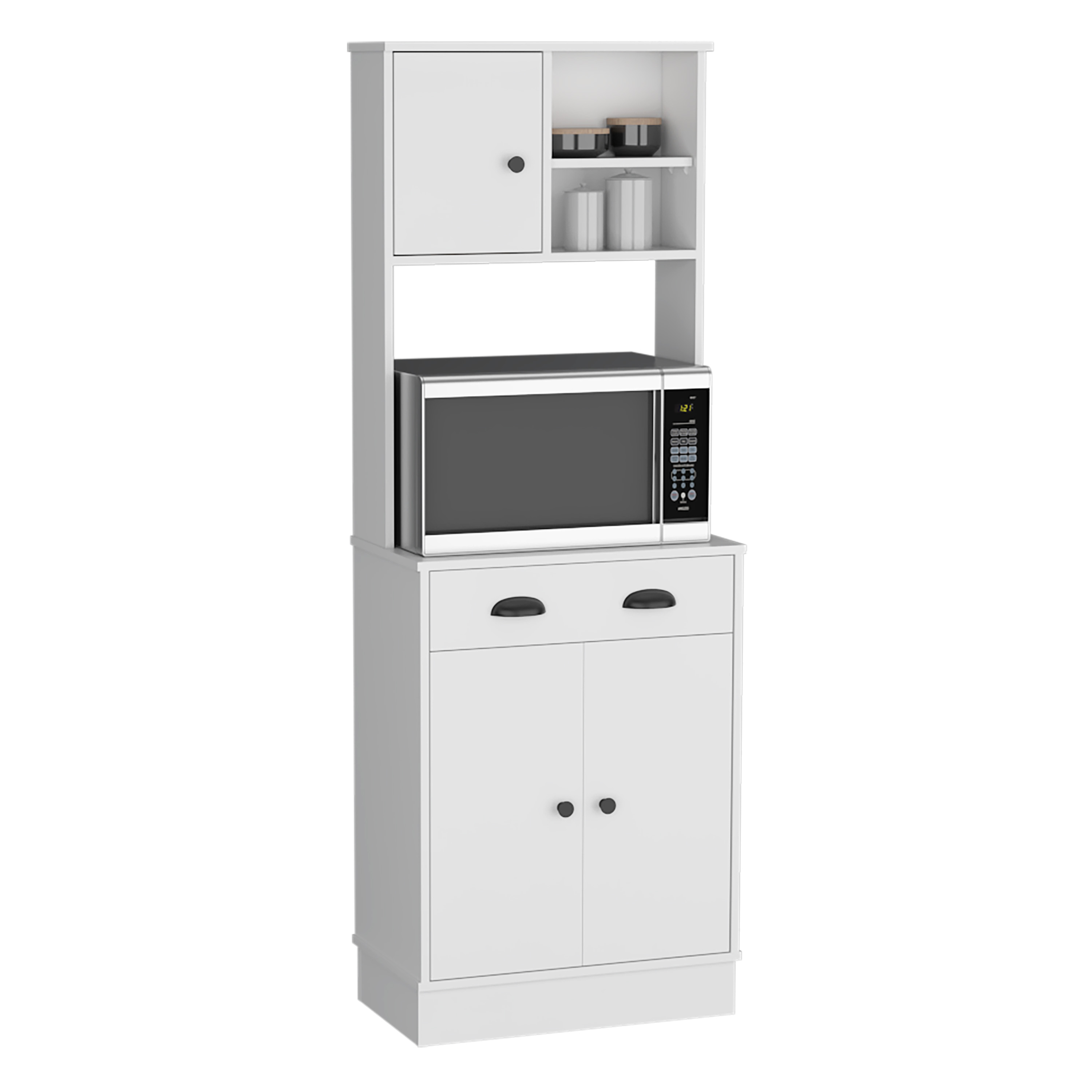 Kitchen Pantry 67" H, Two Cabinets, Three Doors, Two Open Shelves, One Drawer, Microwave Storage Option, White