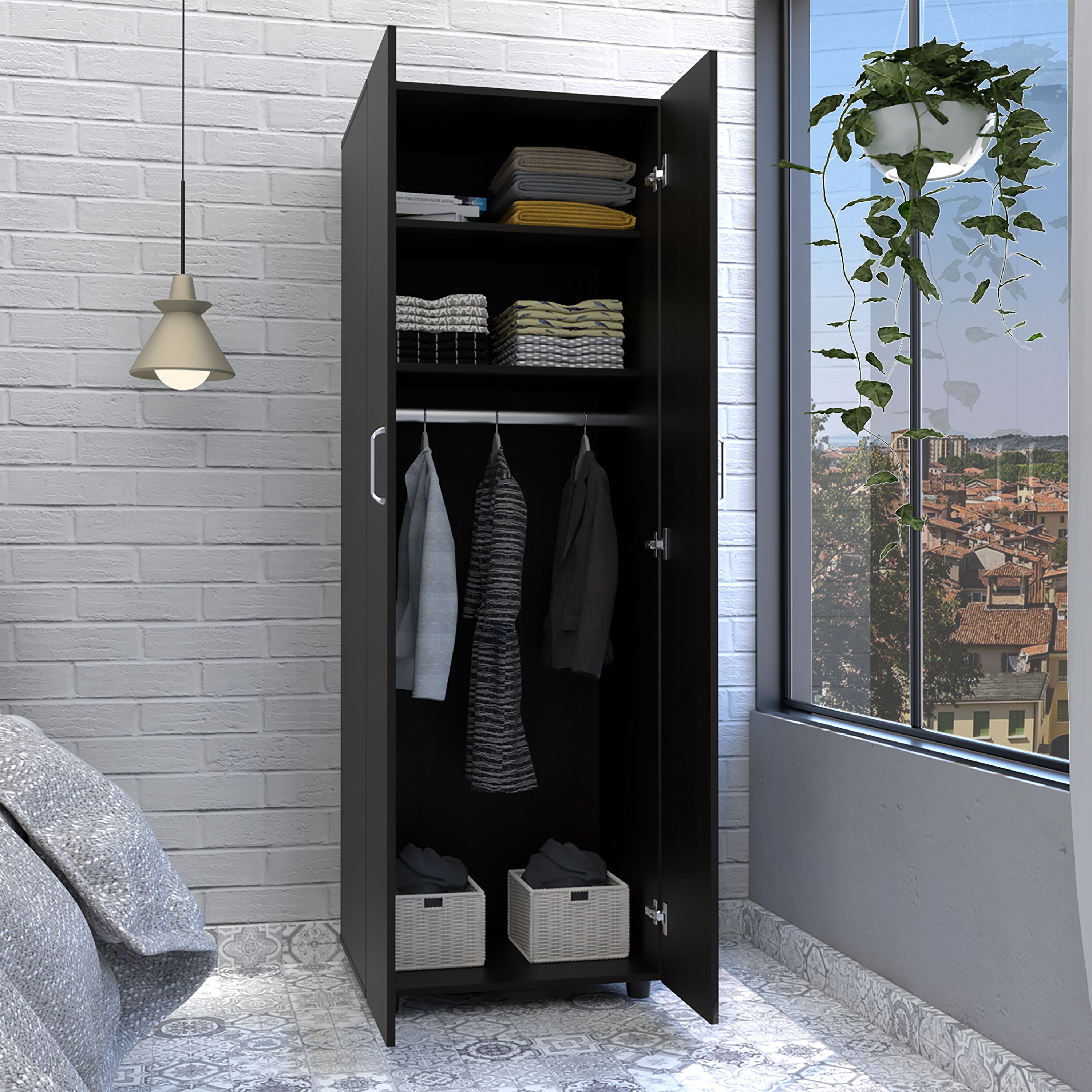 DEPOT E-SHOP London Armoire, Two Shelves, Rod, Double Door Cabinet Armoire, Black