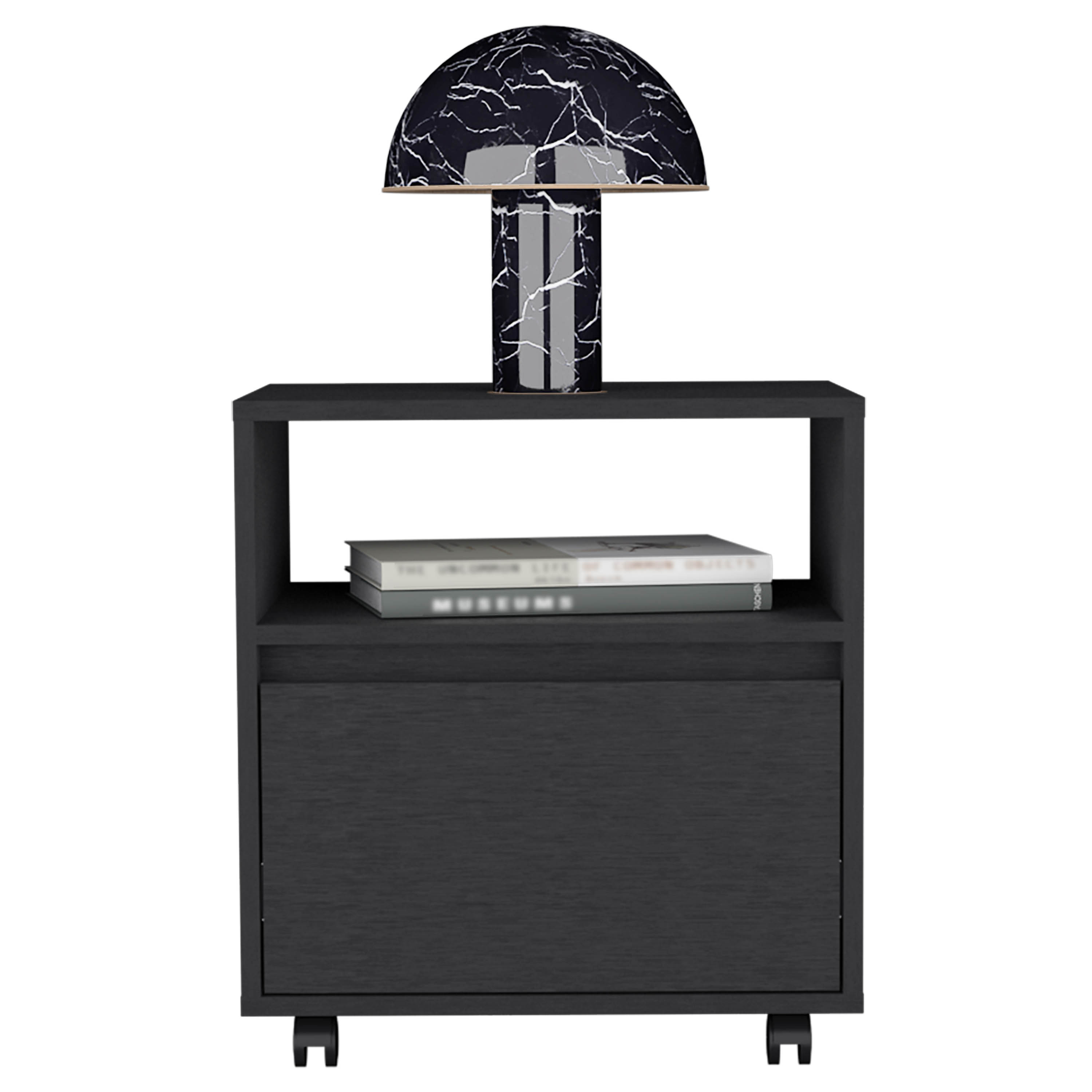 Nightstand 20"H, with One Open Shelf, 1 Drawer and Casters, Black