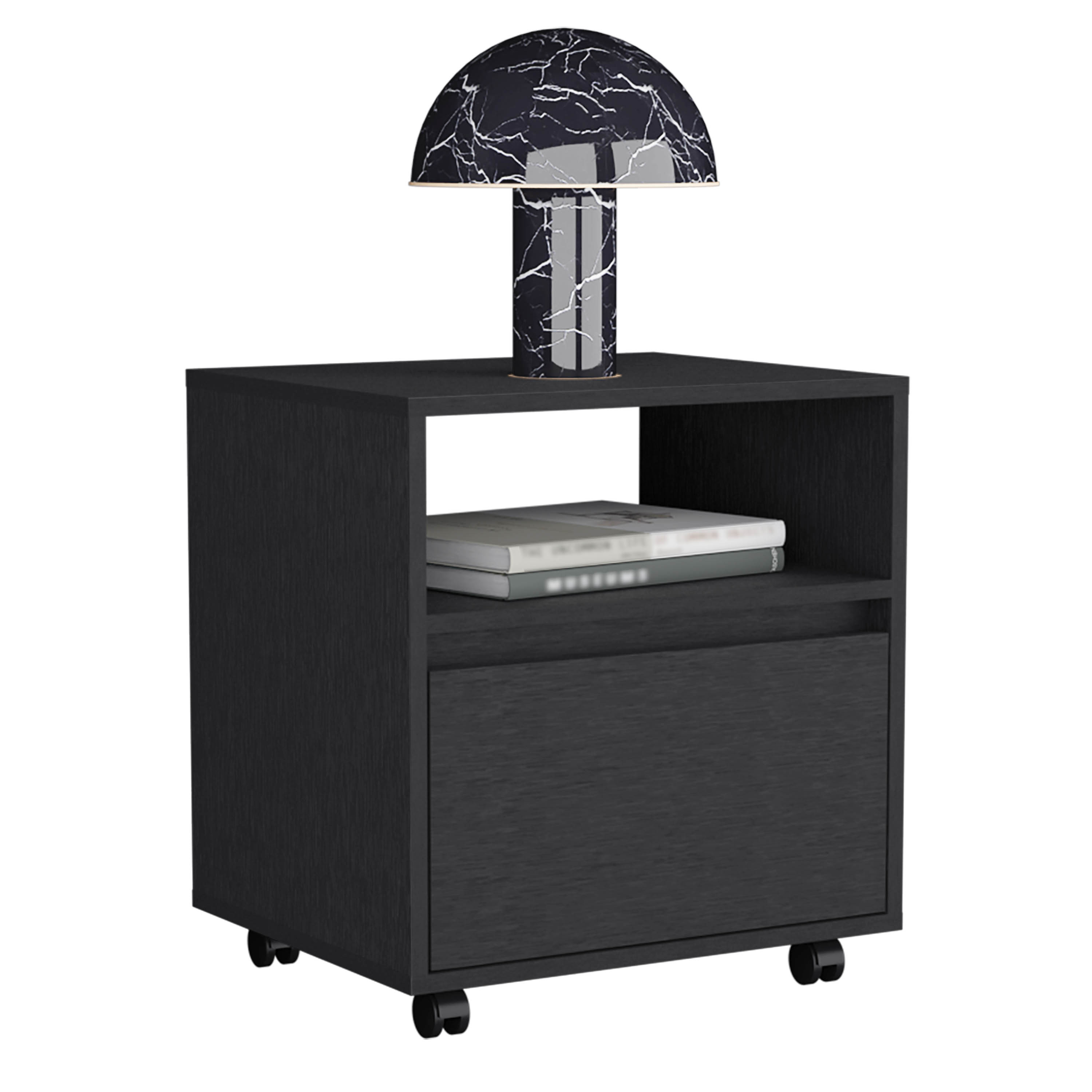 Nightstand 20"H, with One Open Shelf, 1 Drawer and Casters, Black