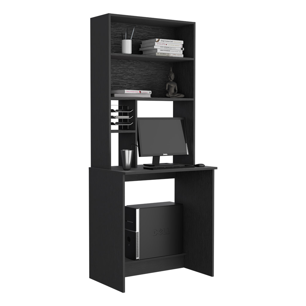 DEPOT E-SHOP Xalo Computer Hutch Desk, Lower Shelf, Four Shelves, Black