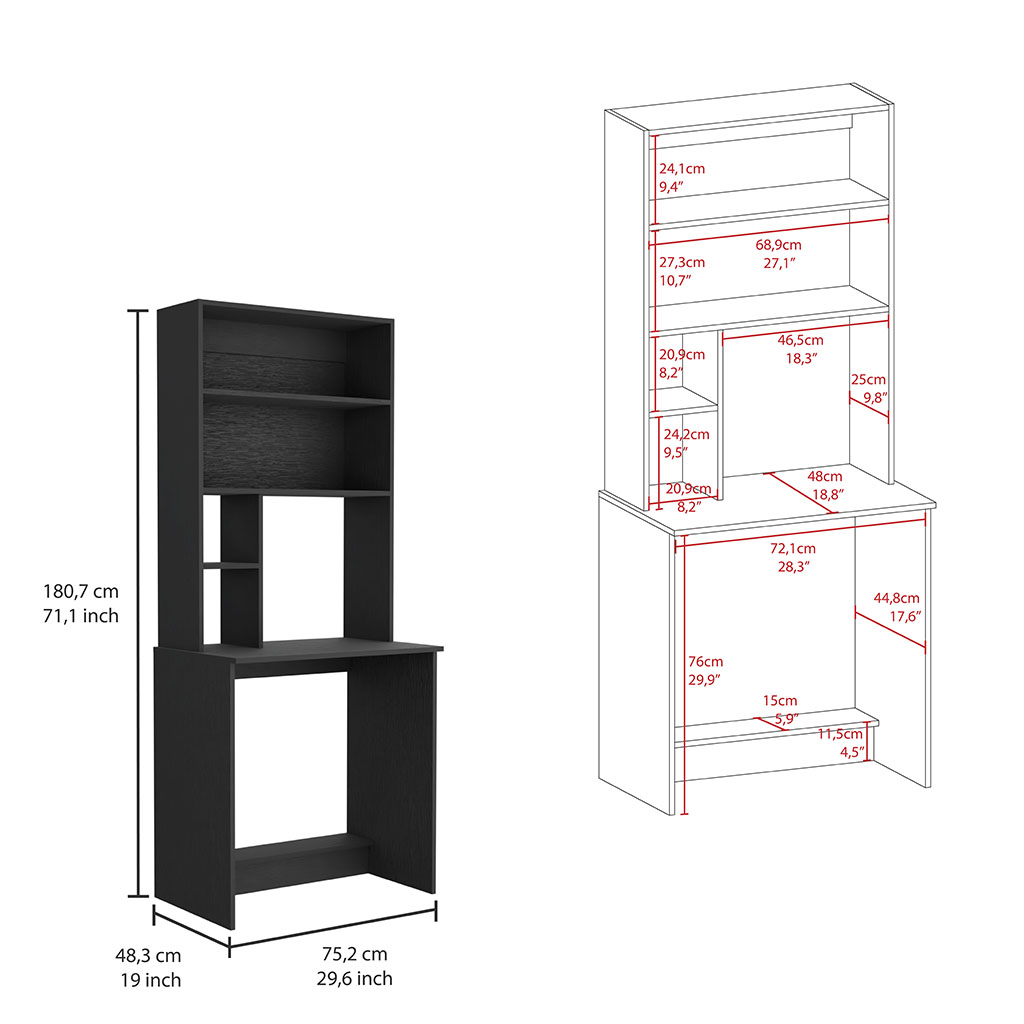 DEPOT E-SHOP Xalo Computer Hutch Desk, Lower Shelf, Four Shelves, Black