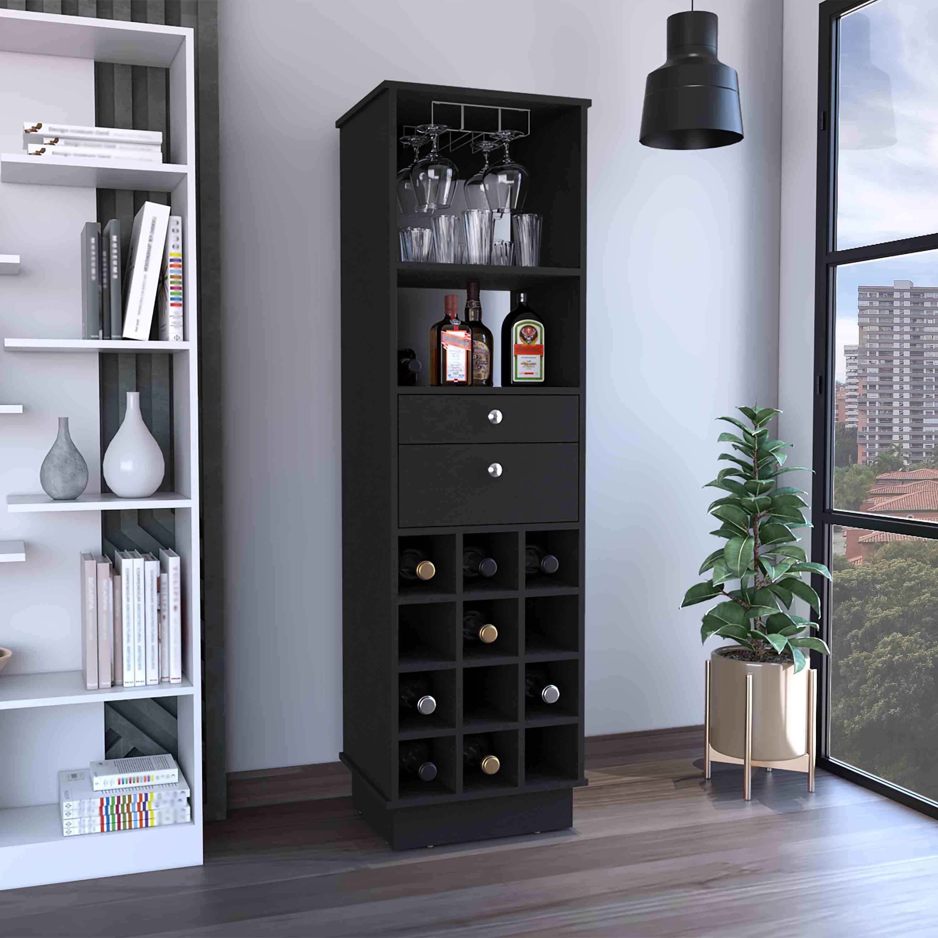 32" H black bar-coffee cart, kitchen or living room cabinet storage, with 4 wheels, folding surface, 2 central drawers covered by folding doors, ideal for storing glasses, and snacks.