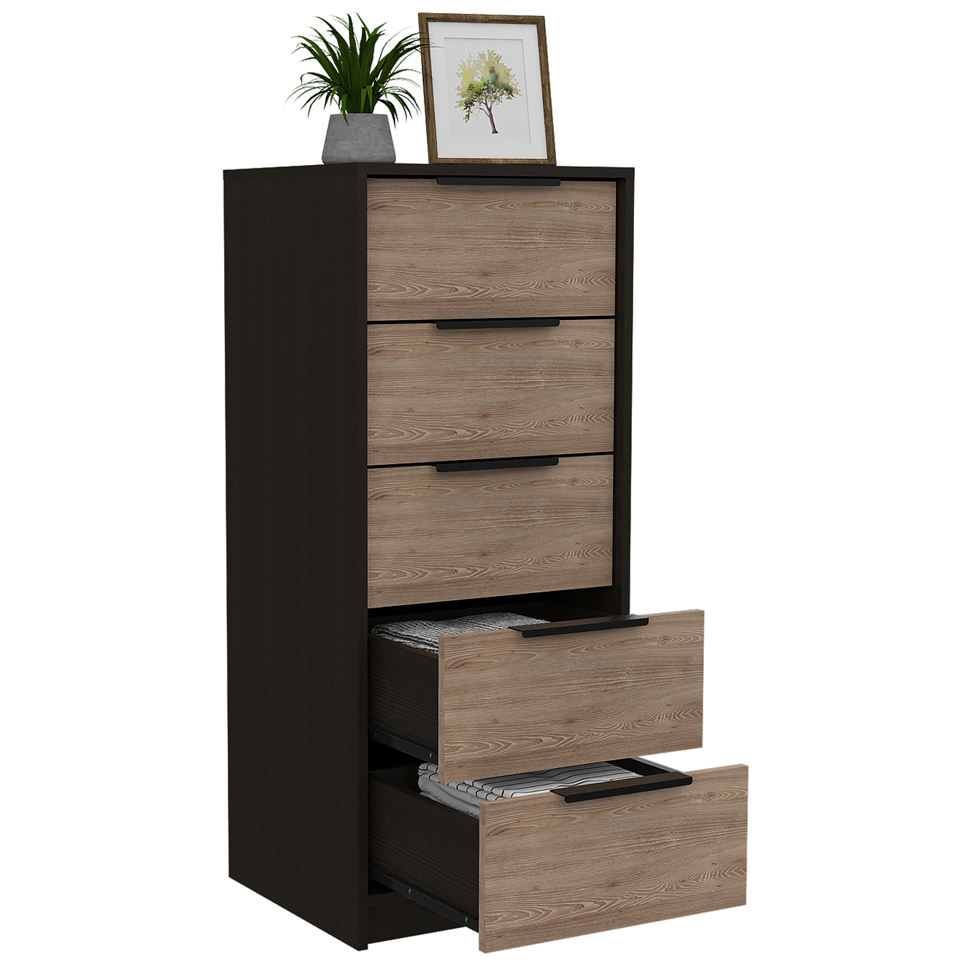 DEPOT E-SHOP Egeo 5 Drawer Dresser, Vertical Dresser, Black / Light Oak