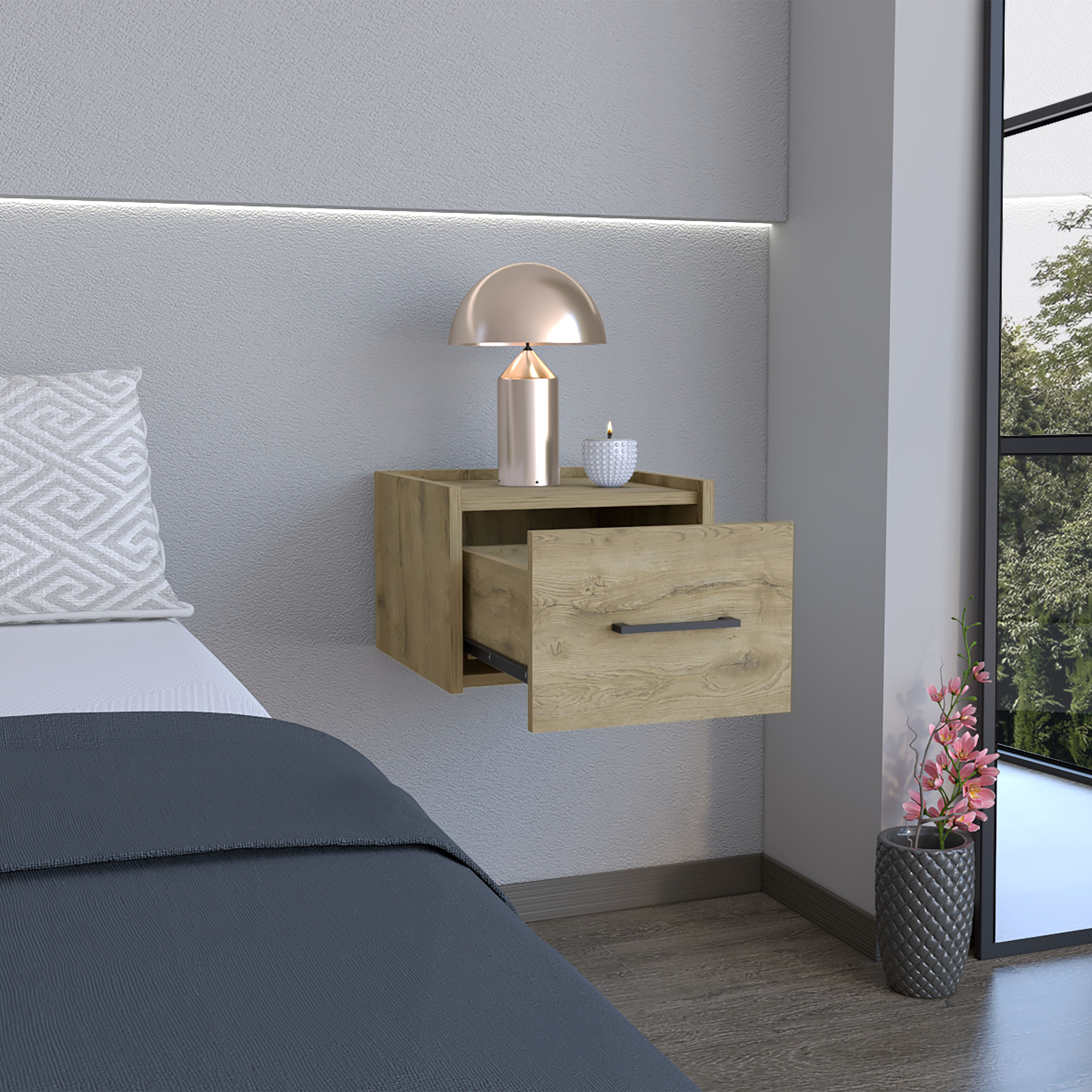 Yorktown Floating Nightstand, Space-Saving Design with Handy Drawer and Surface, Macadamia