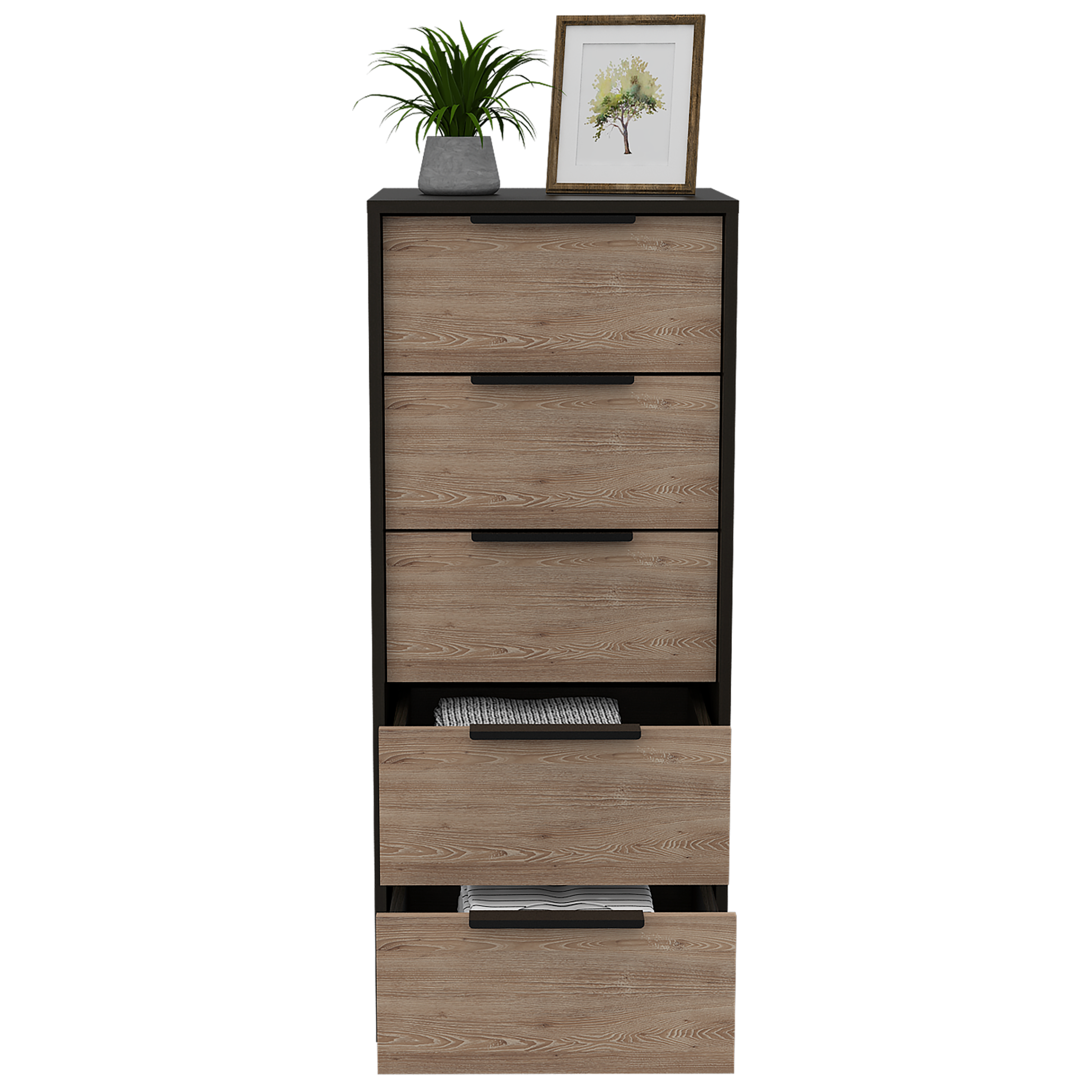 DEPOT E-SHOP Egeo 5 Drawer Dresser, Vertical Dresser, Black / Light Oak