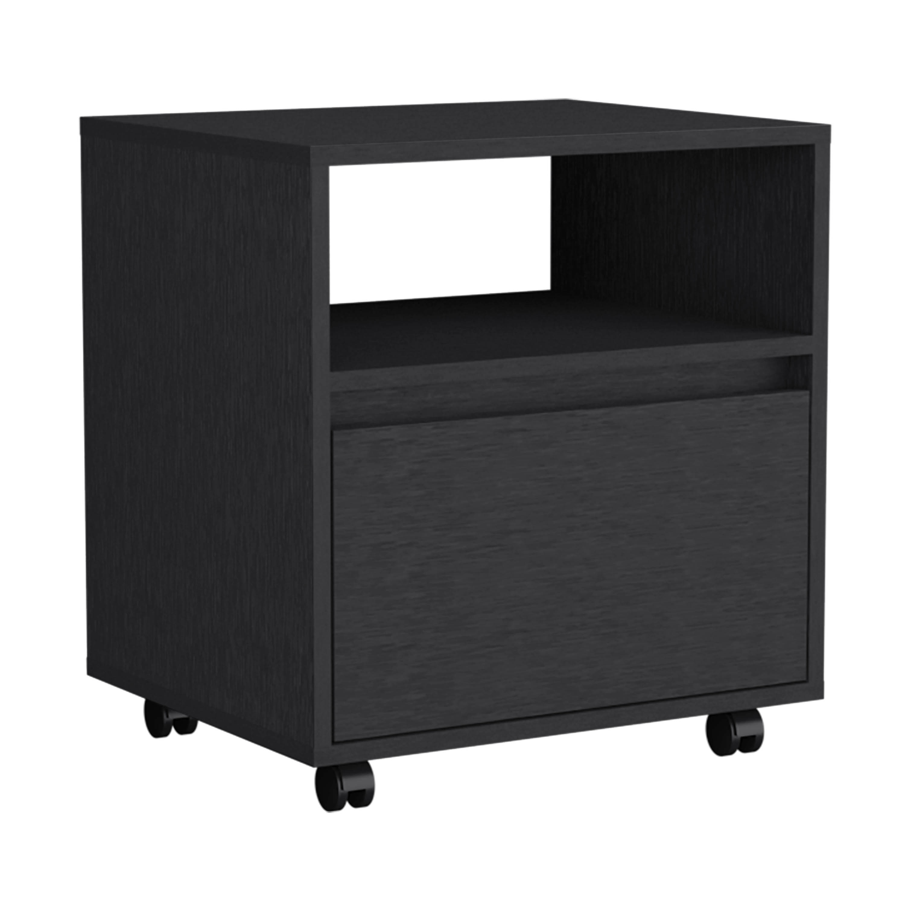 Nightstand 20"H, with One Open Shelf, 1 Drawer and Casters, Black