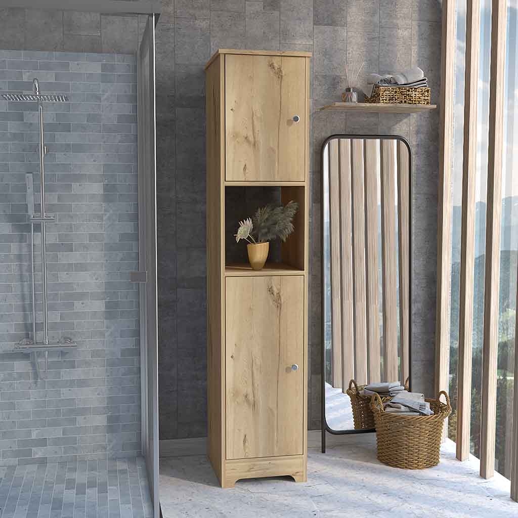 68.8H" Double Door Cabinet, Four Interior Shelves, One Open Shelf, Light Oak