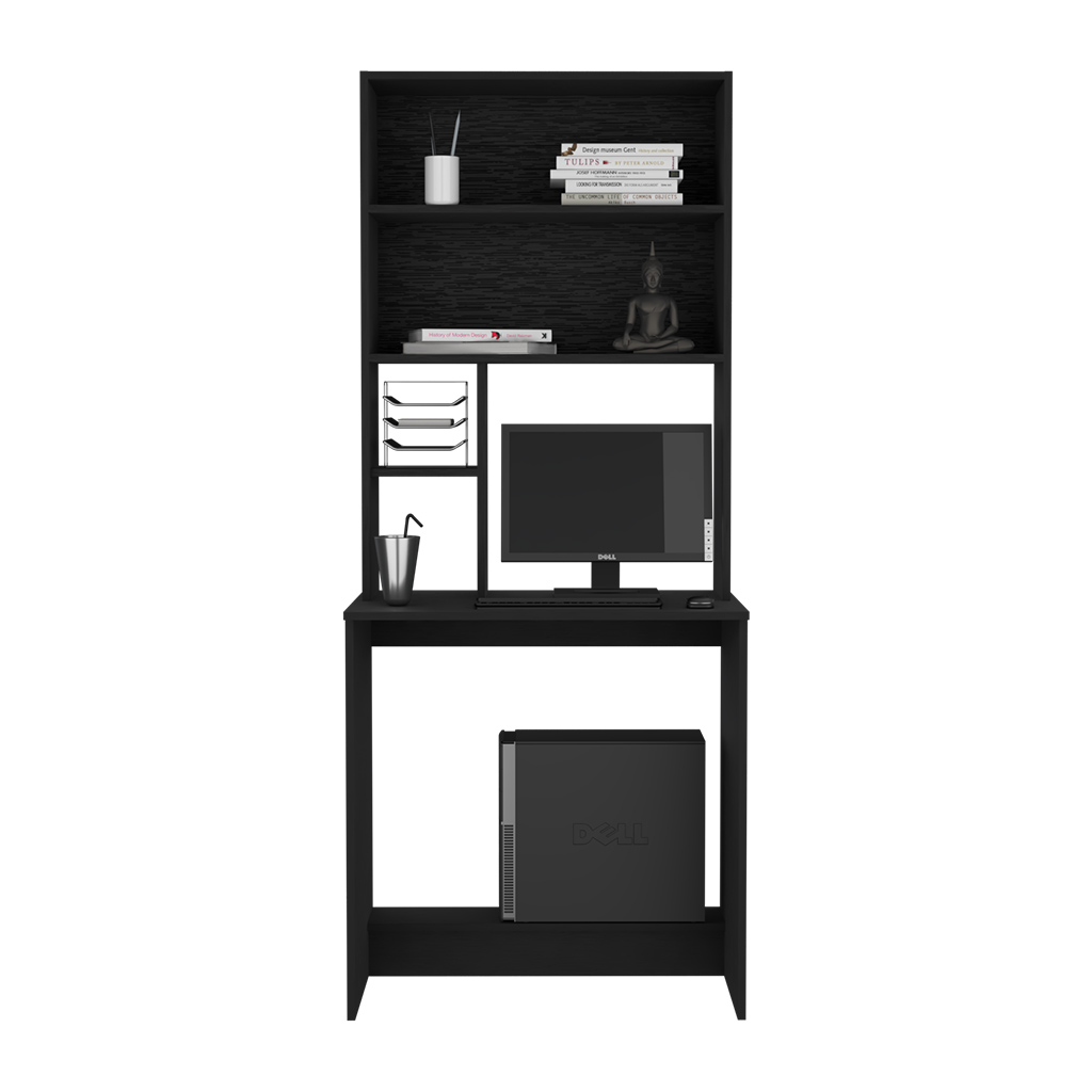 DEPOT E-SHOP Xalo Computer Hutch Desk, Lower Shelf, Four Shelves, Black