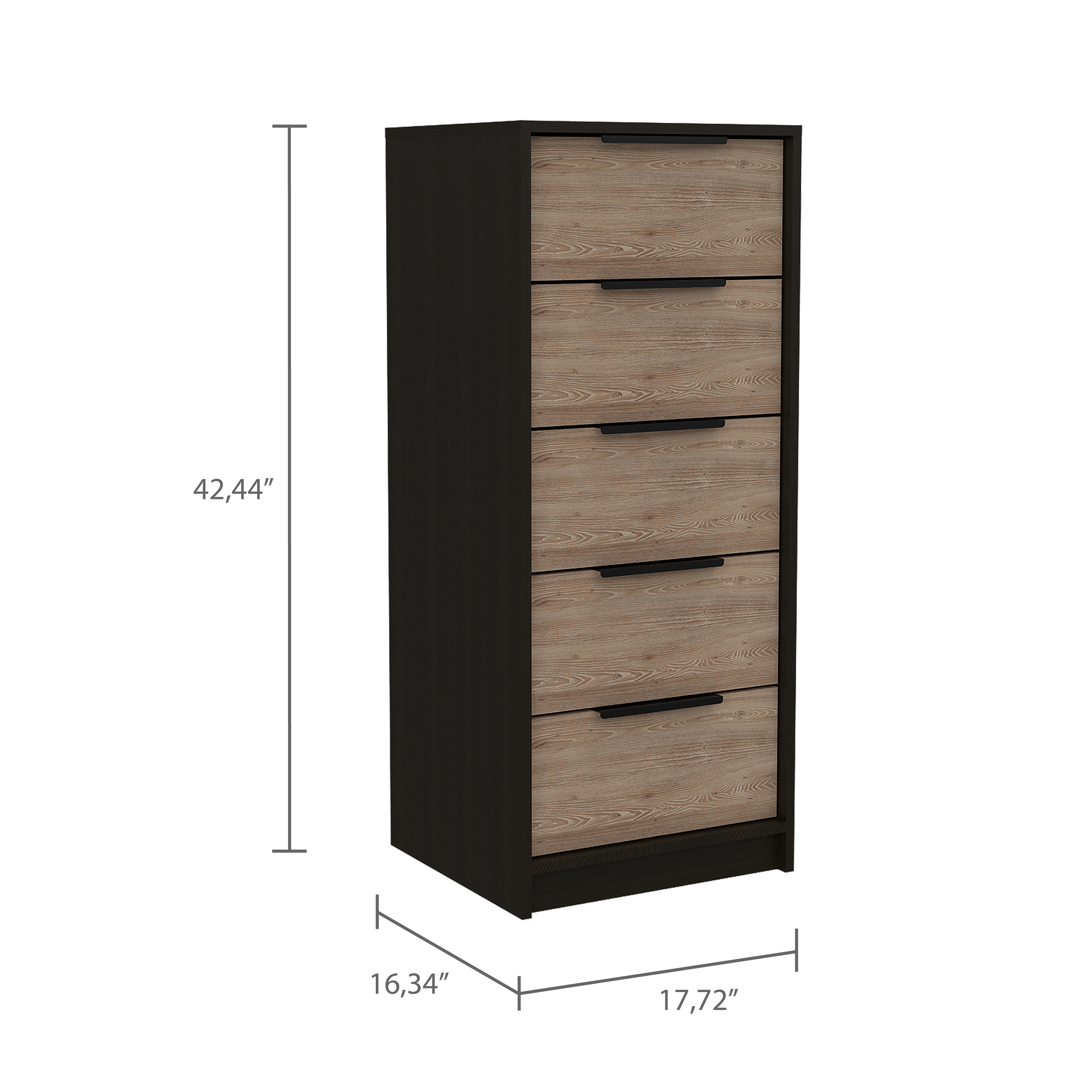 DEPOT E-SHOP Egeo 5 Drawer Dresser, Vertical Dresser, Black / Light Oak