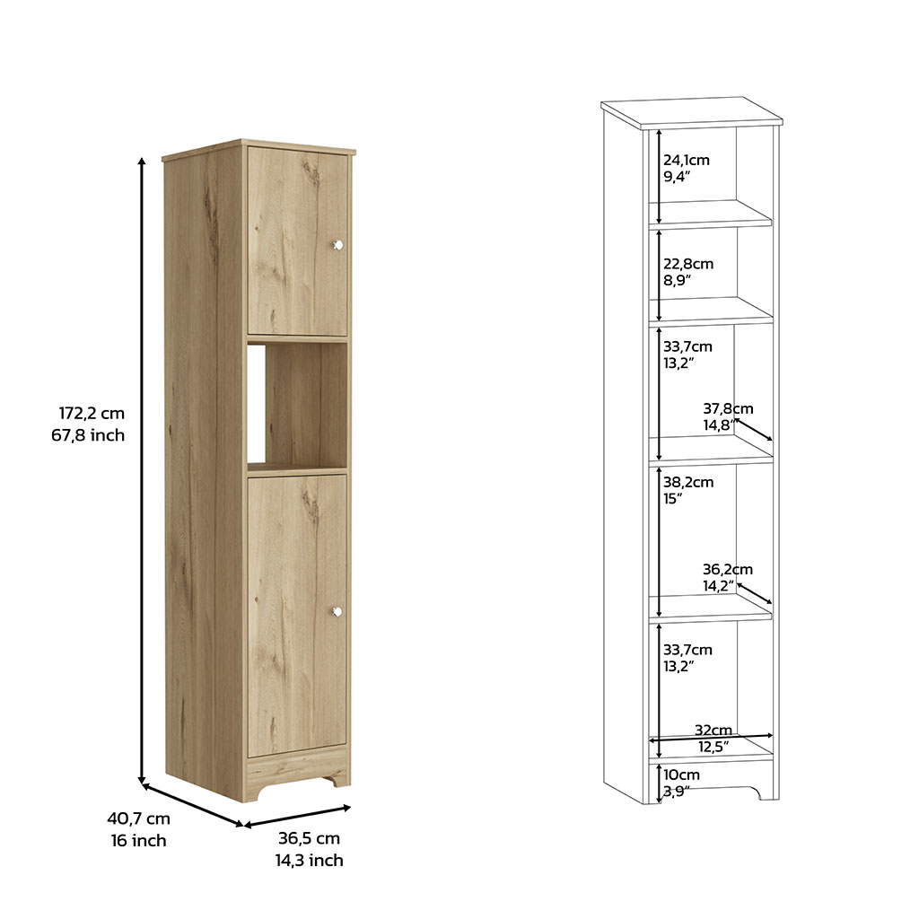 68.8H" Gabinete de doble puerta, cuatro estantes interiores, un estante abierto, roble claro