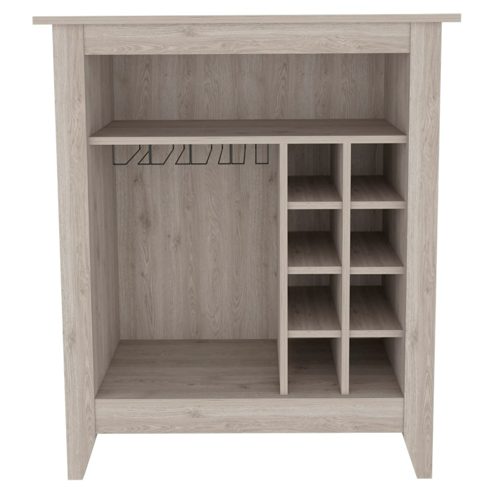 38" H light gray bar- coffee cart, Kitchen or living room cabinet storage, with 8 bottle racks, a central shelf with  1 Cup holders, ideal for storing glasses