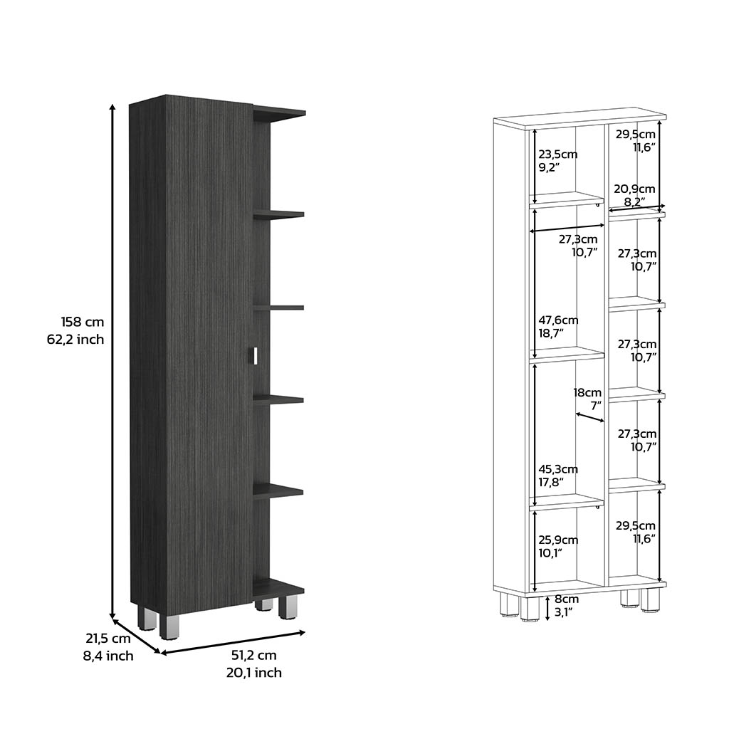 62H" Linen Single Door Cabinet, Five External Shelves, Four Interior Shelves, Smokey Oak