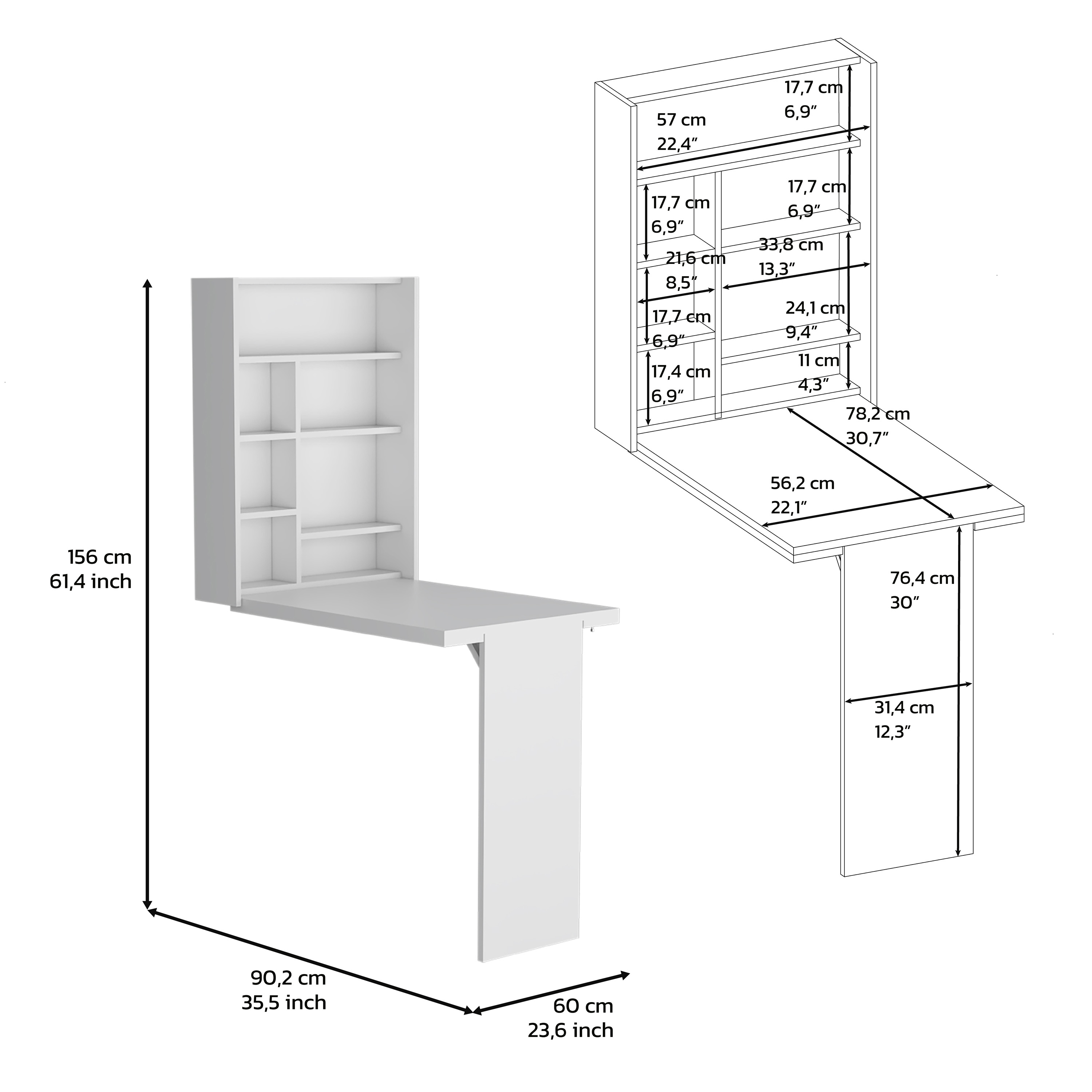 Toscana Wall Foldable Table with Multiple Shelves, White