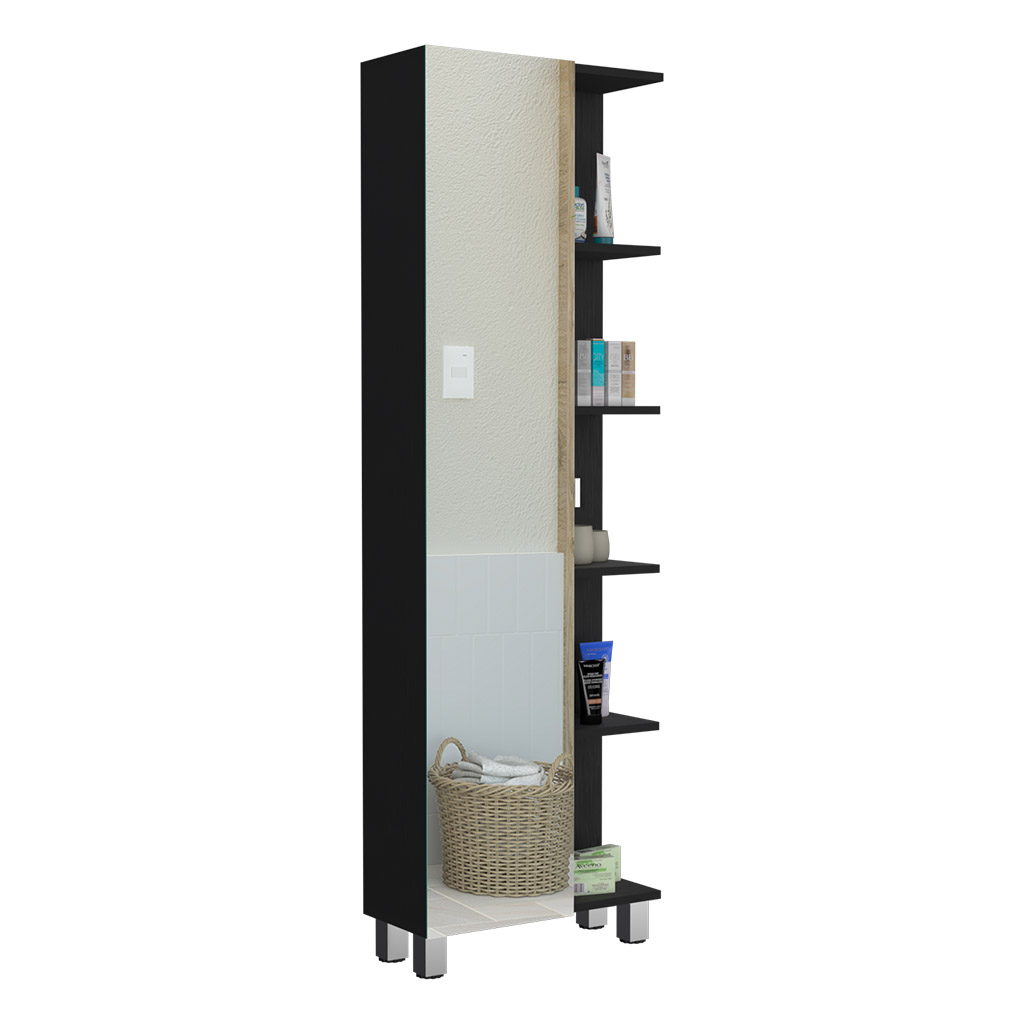 DEPOT E-SHOP Venus Mirror Linen Single Door Cabinet, Five External Shelves, Four Interior Shelves, Black