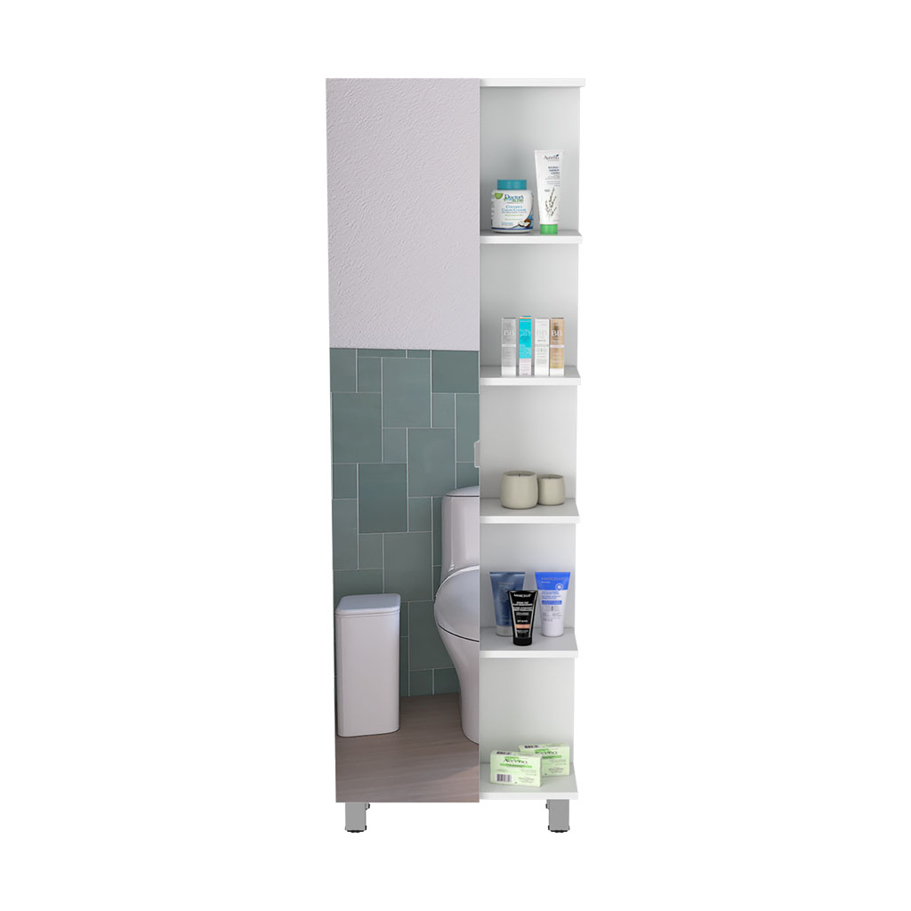 DEPOT E-SHOP Venus Mirror Linen Single Door Cabinet, Five External Shelves, Four Interior Shelves, White