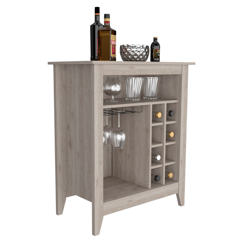 38" H light gray bar- coffee cart, Kitchen or living room cabinet storage, with 8 bottle racks, a central shelf with  1 Cup holders, ideal for storing glasses