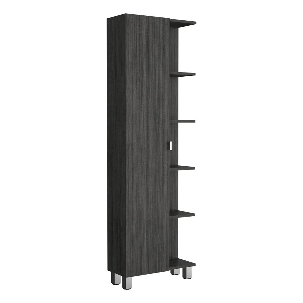 62H" Linen Single Door Cabinet, Five External Shelves, Four Interior Shelves, Smokey Oak