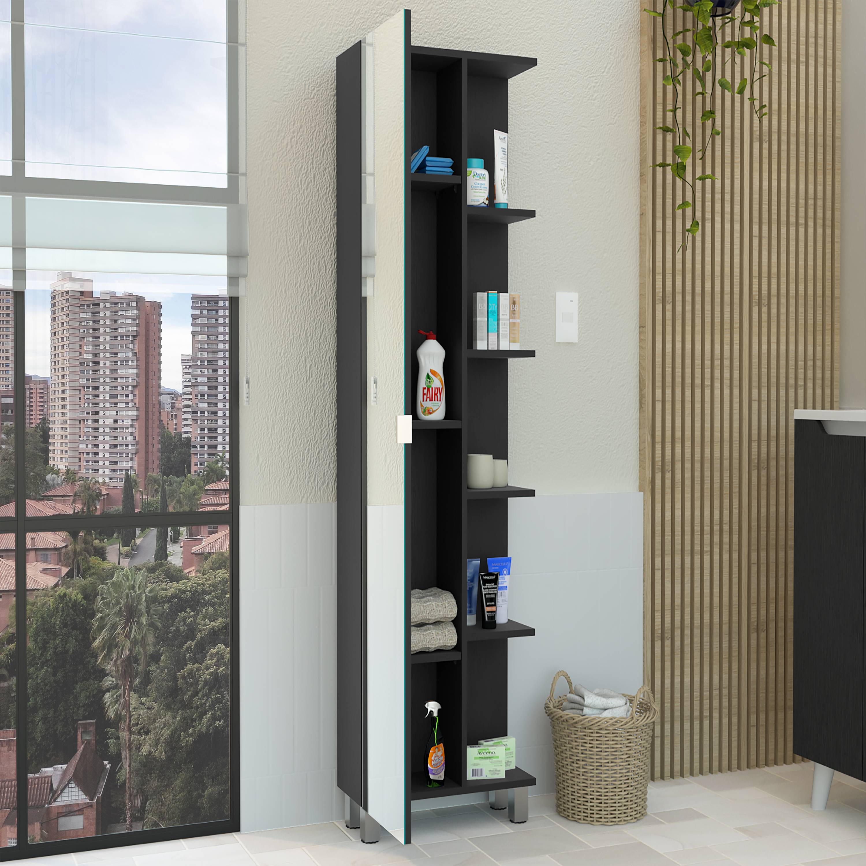 DEPOT E-SHOP Venus Mirror Linen Single Door Cabinet, Five External Shelves, Four Interior Shelves, Black