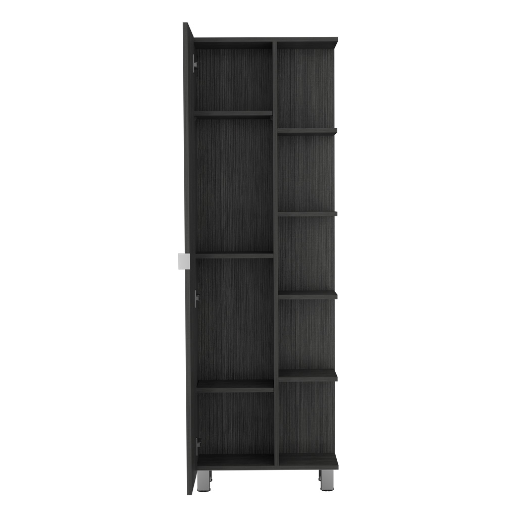 62H" Linen Single Door Cabinet, Five External Shelves, Four Interior Shelves, Smokey Oak