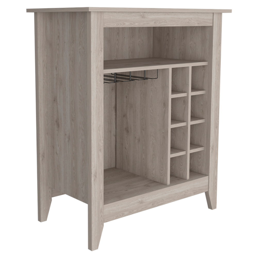 38" H light gray bar- coffee cart, Kitchen or living room cabinet storage, with 8 bottle racks, a central shelf with  1 Cup holders, ideal for storing glasses