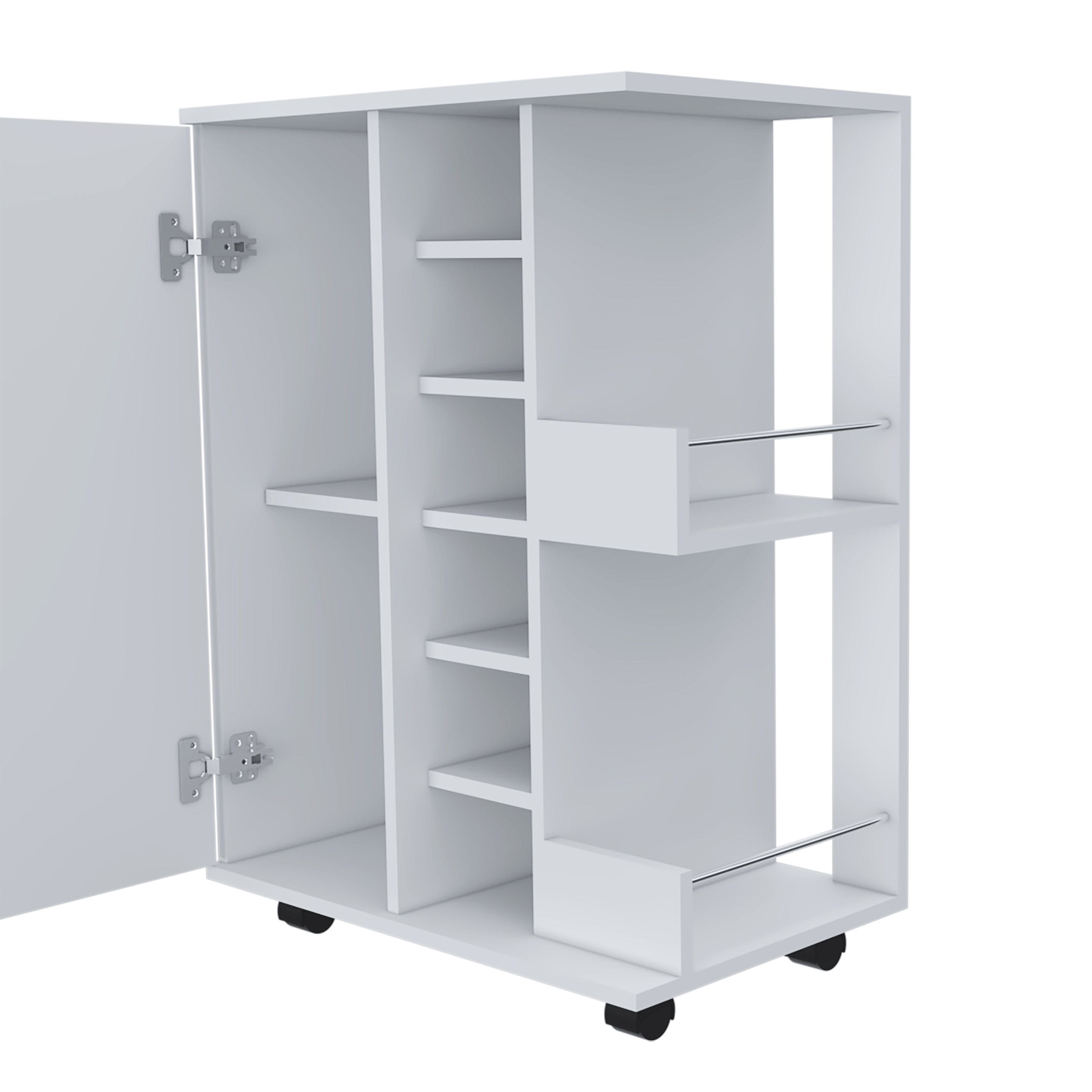 32" H white bar-coffee cart, cabinet storage, with 4 wheels, 1 divided storage with 1 shelf, 1 folding door, a central vertical division for 6 bottles and 2 side shelves with aluminum front