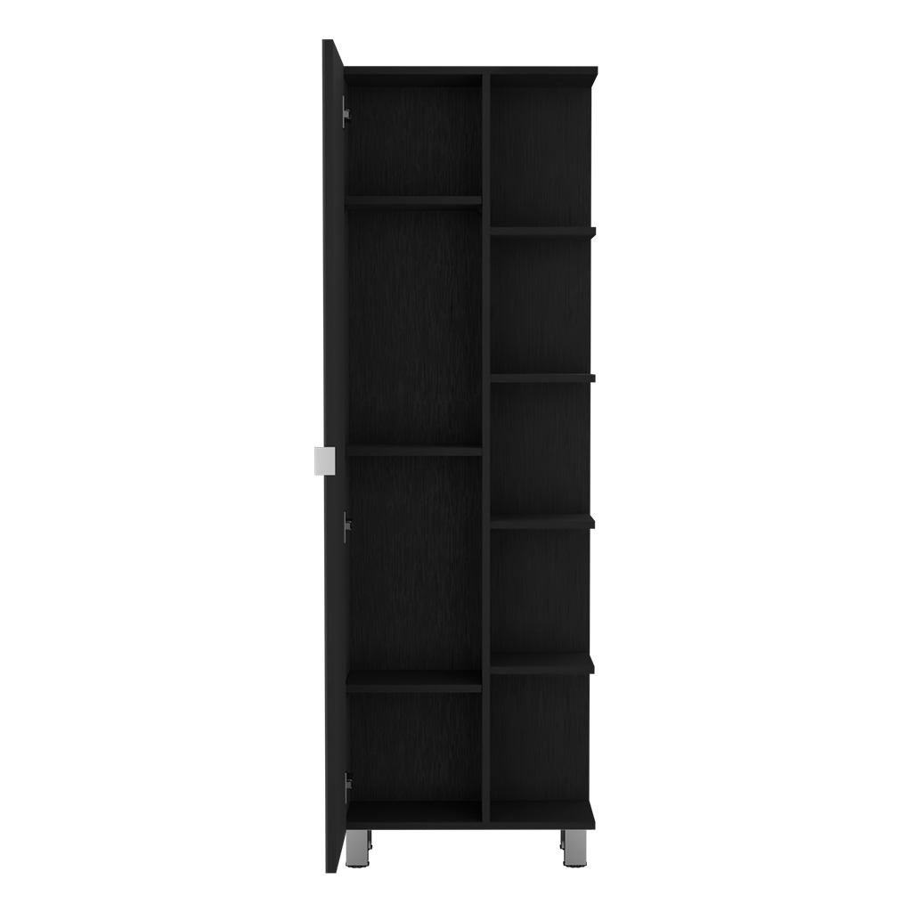 DEPOT E-SHOP Venus Mirror Linen Single Door Cabinet, Five External Shelves, Four Interior Shelves, Black