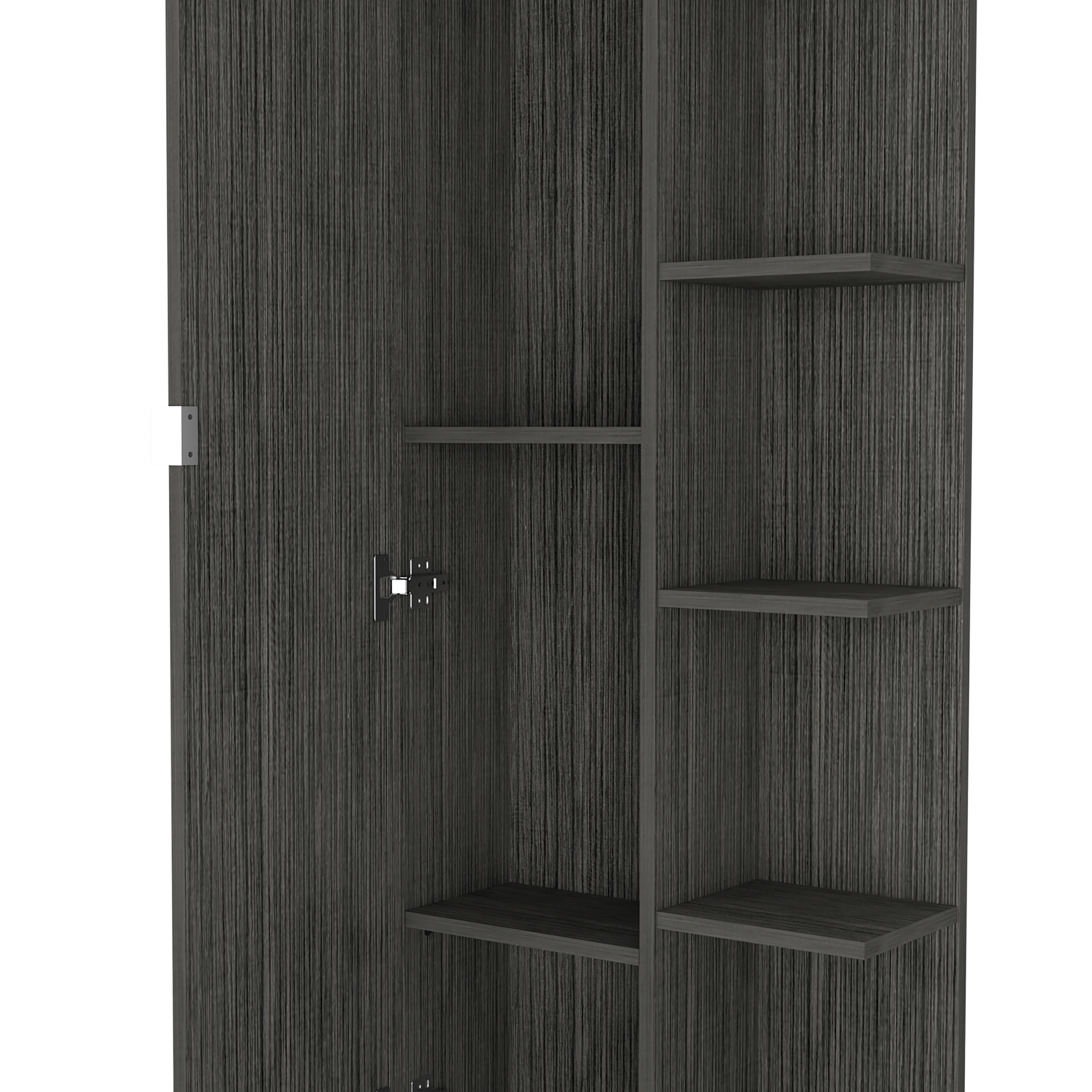 62H" Linen Single Door Cabinet, Five External Shelves, Four Interior Shelves, Smokey Oak