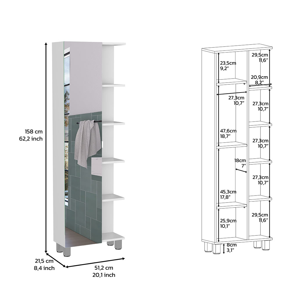 DEPOT E-SHOP Venus Mirror Linen Single Door Cabinet, Five External Shelves, Four Interior Shelves, White