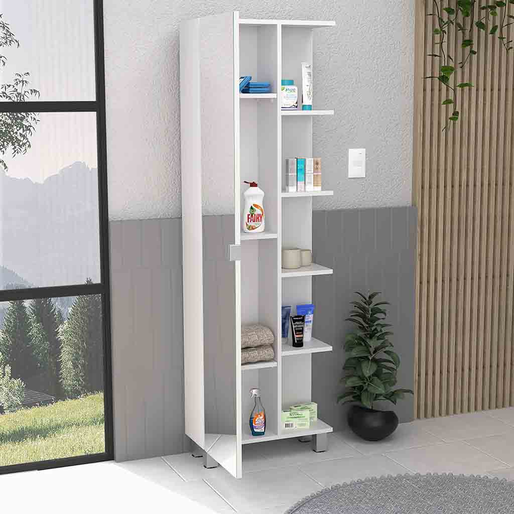 DEPOT E-SHOP Venus Mirror Linen Single Door Cabinet, Five External Shelves, Four Interior Shelves, White