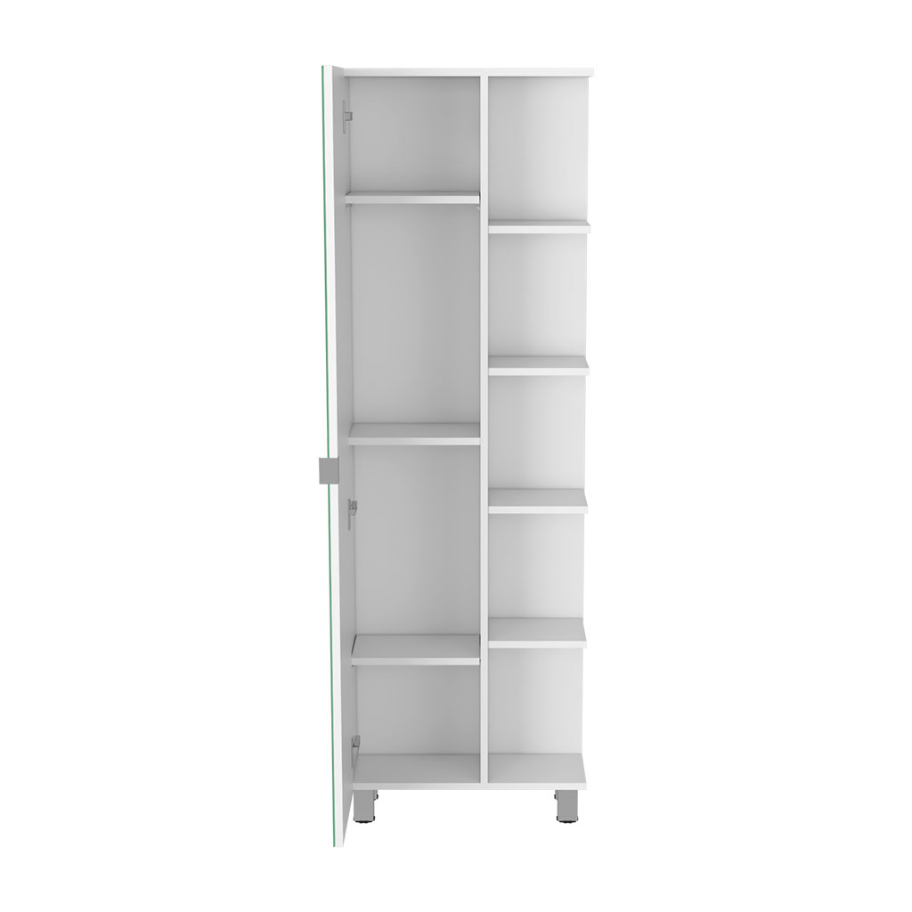 DEPOT E-SHOP Venus Mirror Linen Single Door Cabinet, Five External Shelves, Four Interior Shelves, White