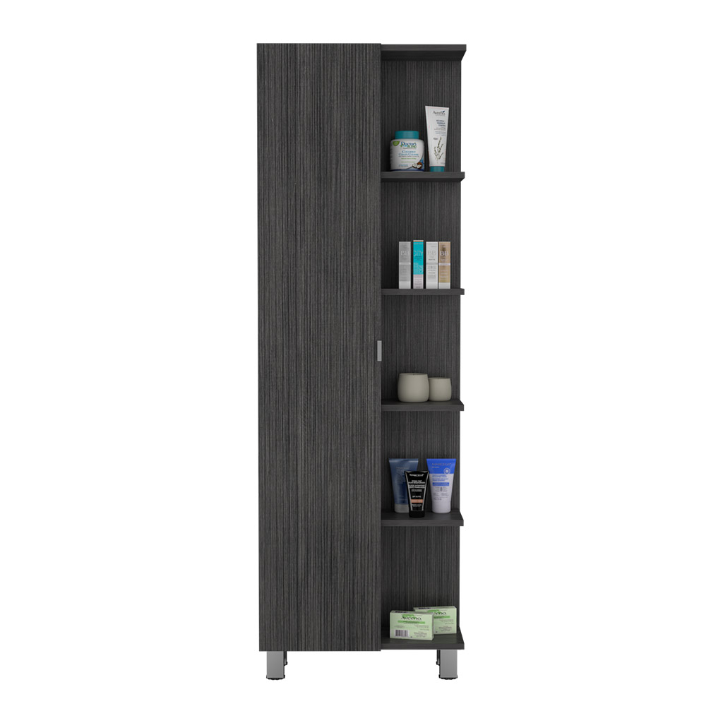 62H" Linen Single Door Cabinet, Five External Shelves, Four Interior Shelves, Smokey Oak