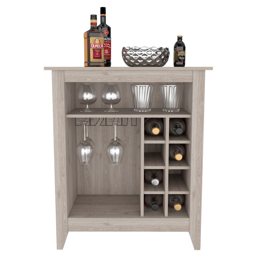 38" H light gray bar- coffee cart, Kitchen or living room cabinet storage, with 8 bottle racks, a central shelf with  1 Cup holders, ideal for storing glasses