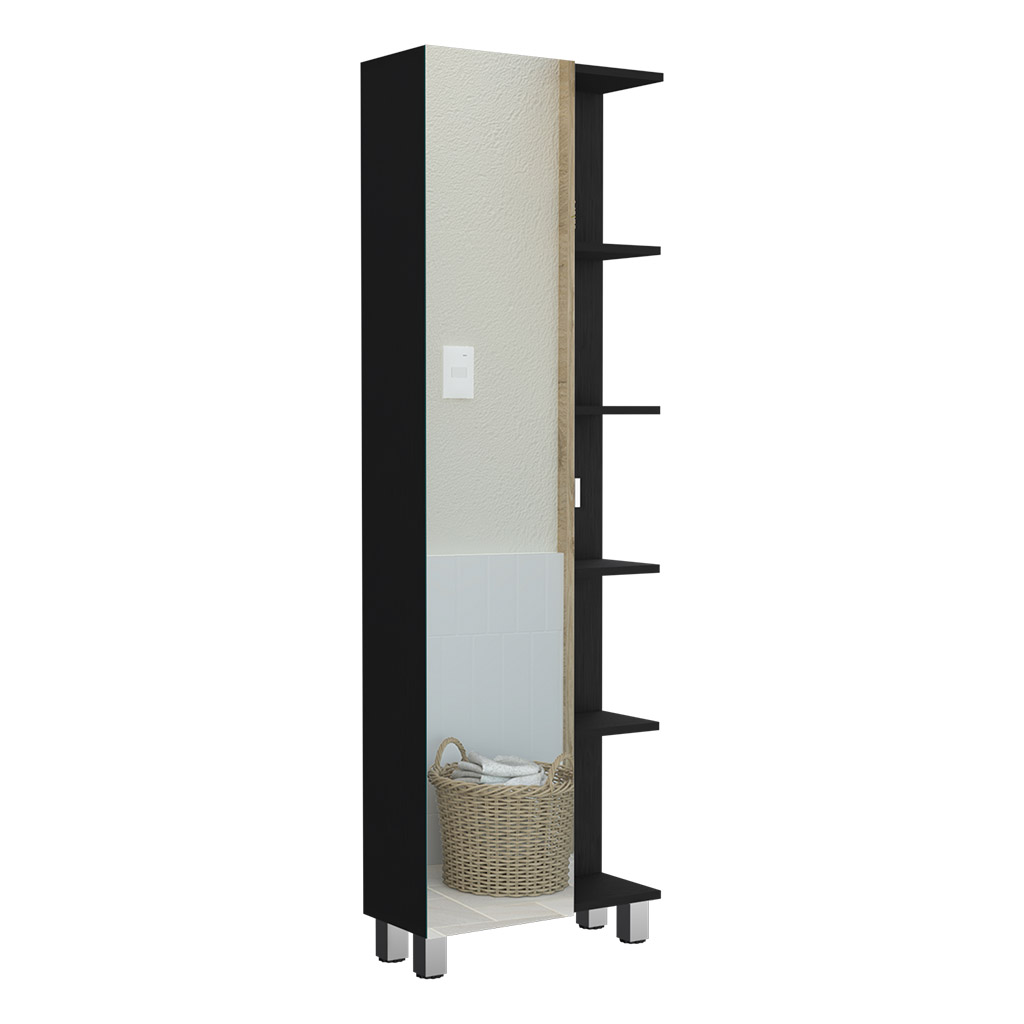 DEPOT E-SHOP Venus Mirror Linen Single Door Cabinet, Five External Shelves, Four Interior Shelves, Black