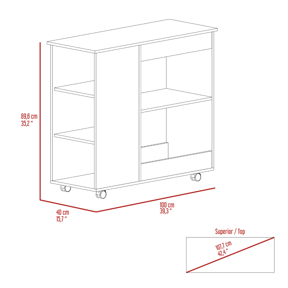 DEPOT E-SHOP Pl Kitchen Cart Two Storage Shelves, Three Side Shelves, Four Casters, White / Dark Brown