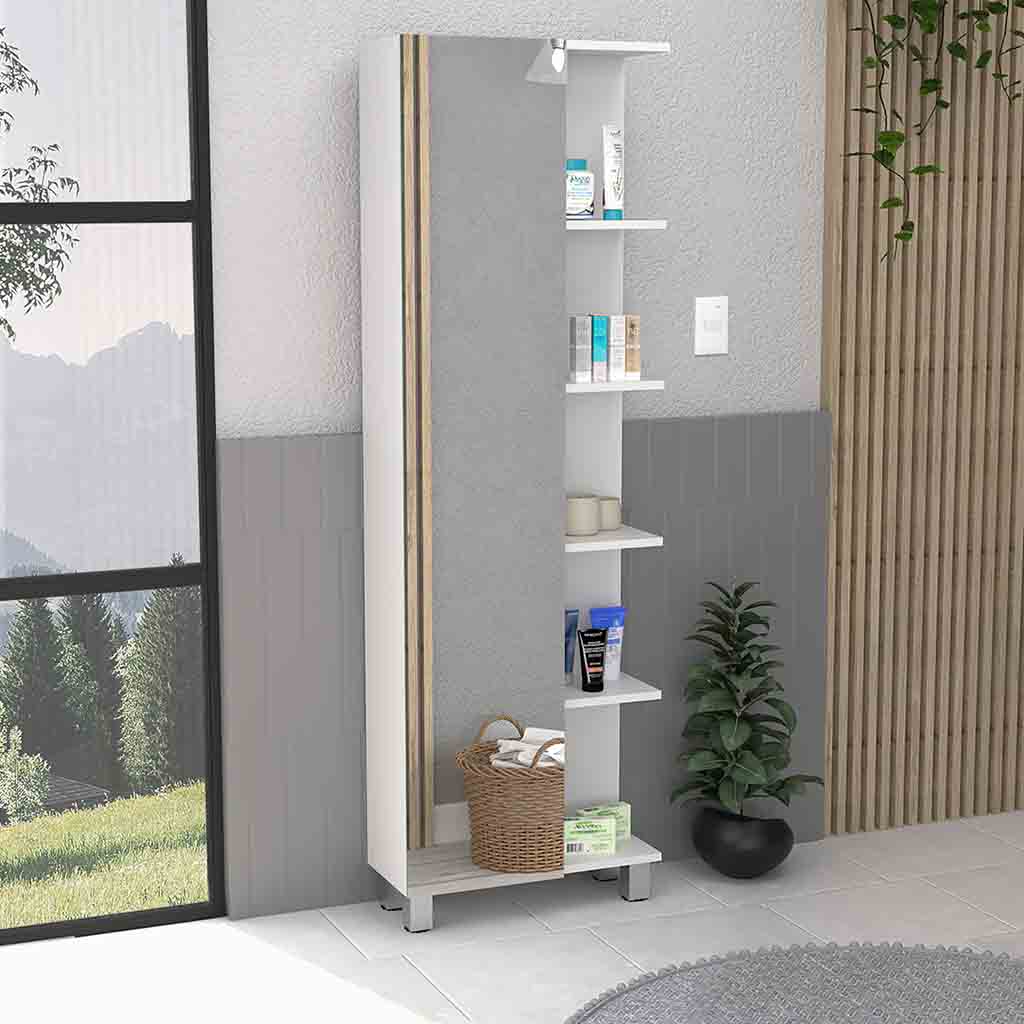 DEPOT E-SHOP Venus Mirror Linen Single Door Cabinet, Five External Shelves, Four Interior Shelves, White