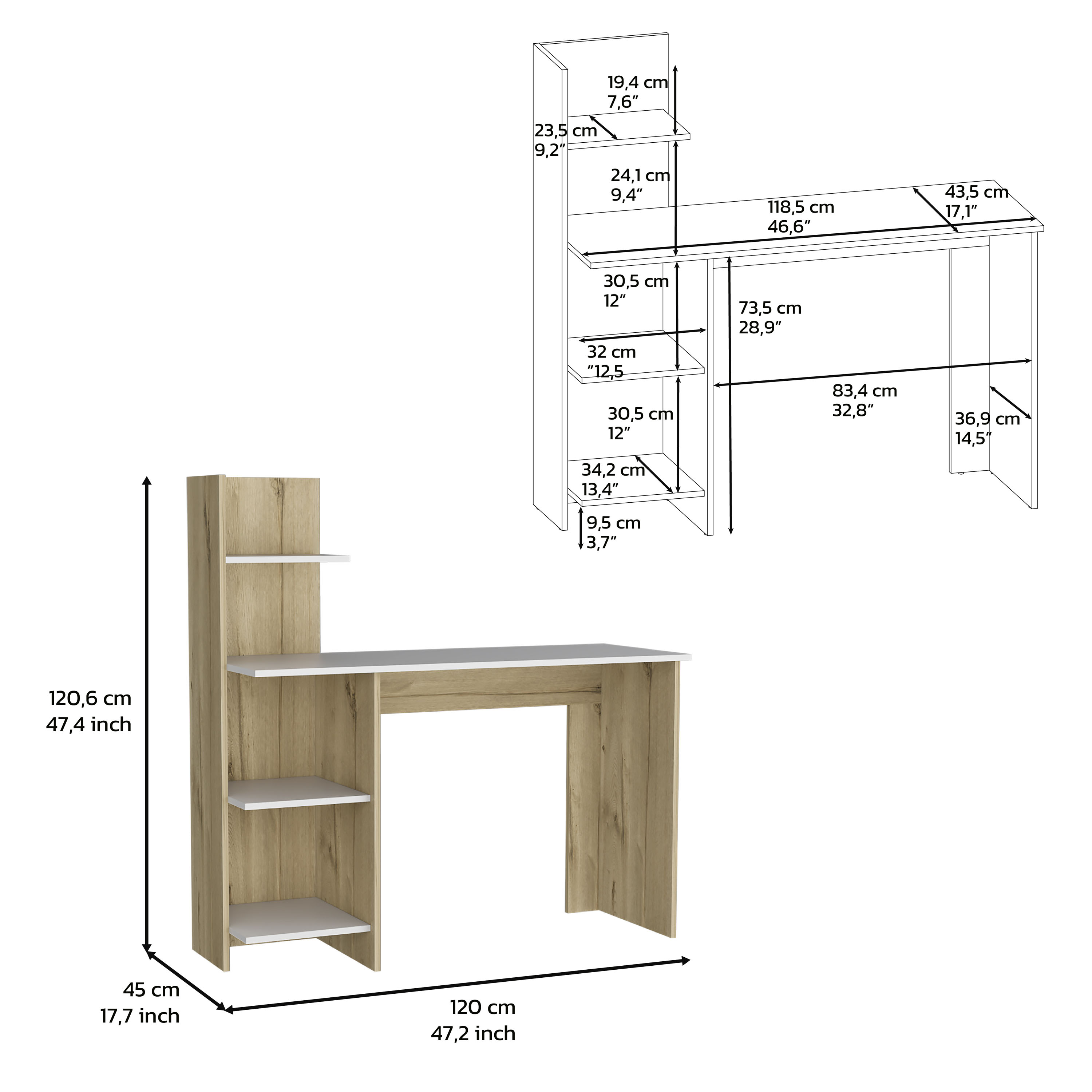 DEPOT E-SHOP Toronto 120 Writing Desk, Four Shelves, White / Pine