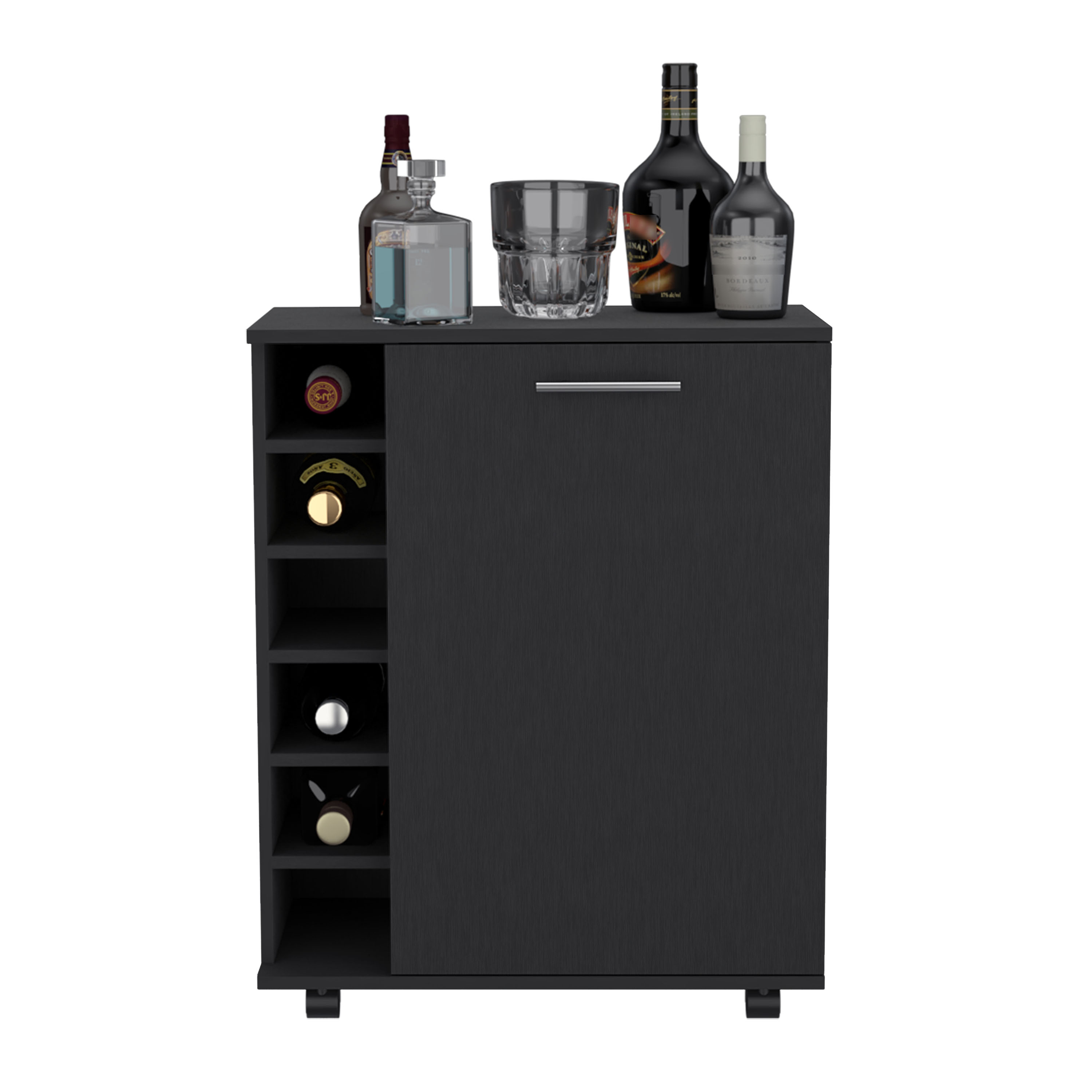 32" H Black bar -coffee cart, Kitchen or living room cabinet storage with  4 wheels, with 6 bottle racks, a central shelf covered by 1 door, ideal for storing glasses and snacks