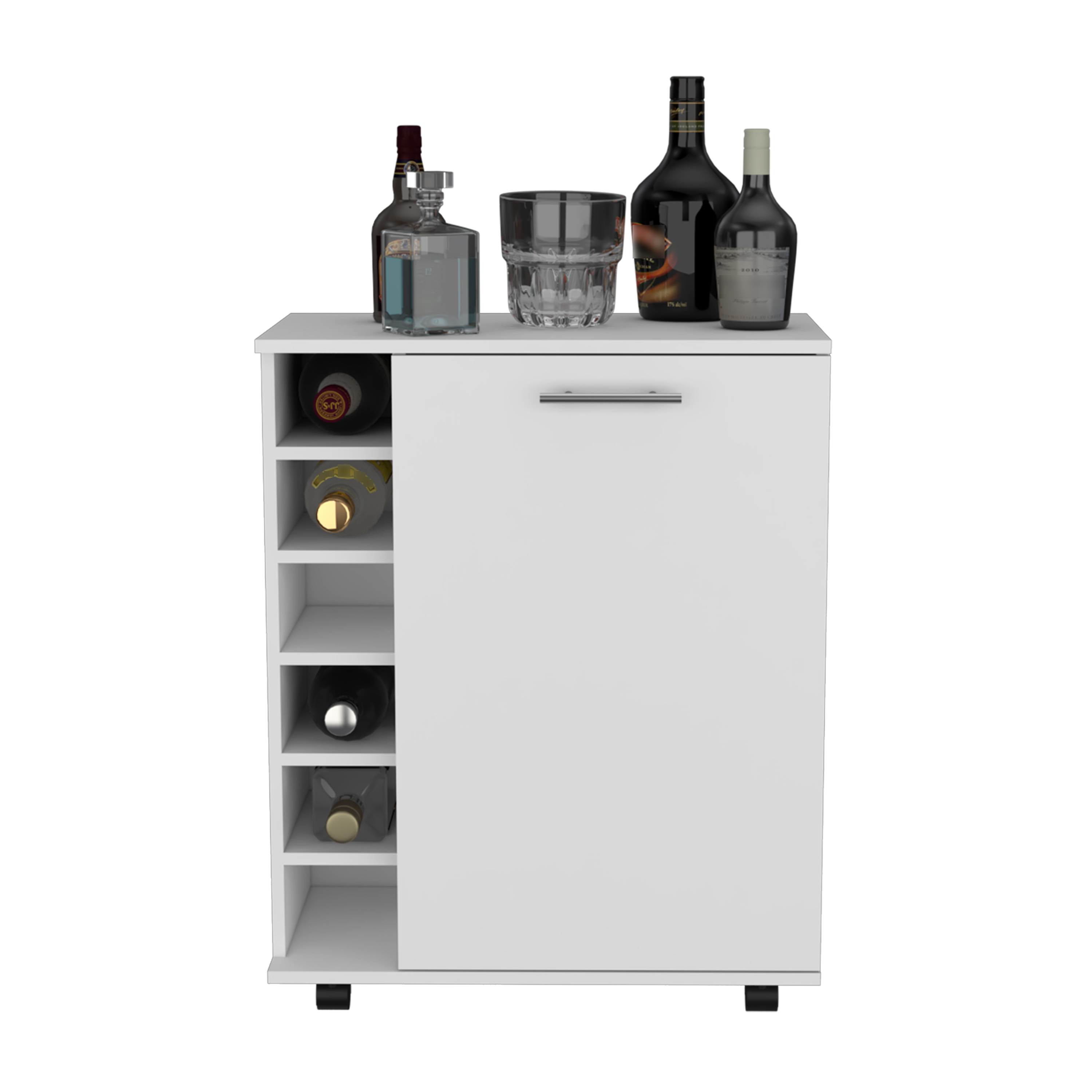 32" H white bar -coffee cart, Kitchen or living room cabinet storage with  4 wheels, with 6 bottle racks, a central shelf covered by 1 door, ideal for storing glasses and snacks