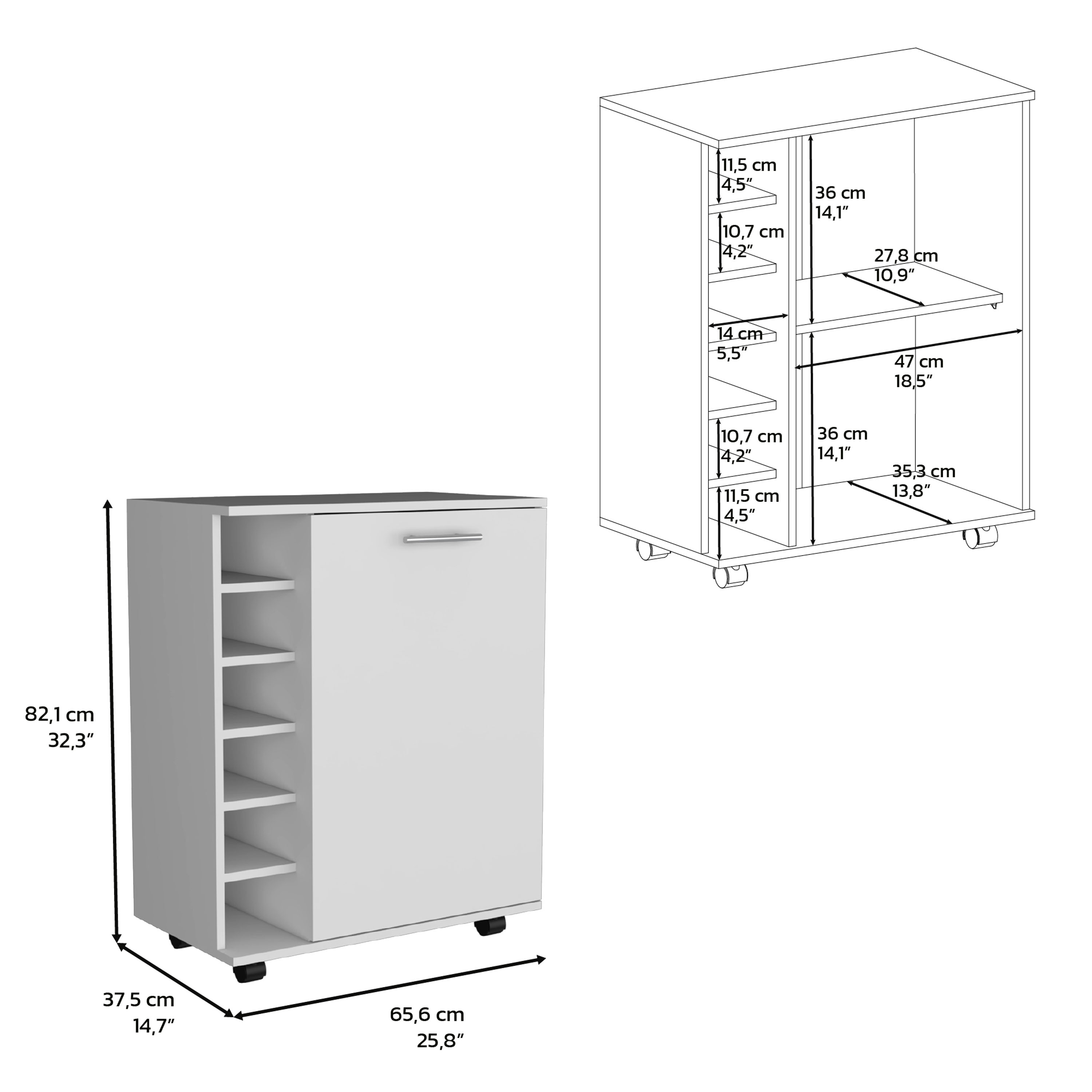 32" H white bar -coffee cart, Kitchen or living room cabinet storage with  4 wheels, with 6 bottle racks, a central shelf covered by 1 door, ideal for storing glasses and snacks