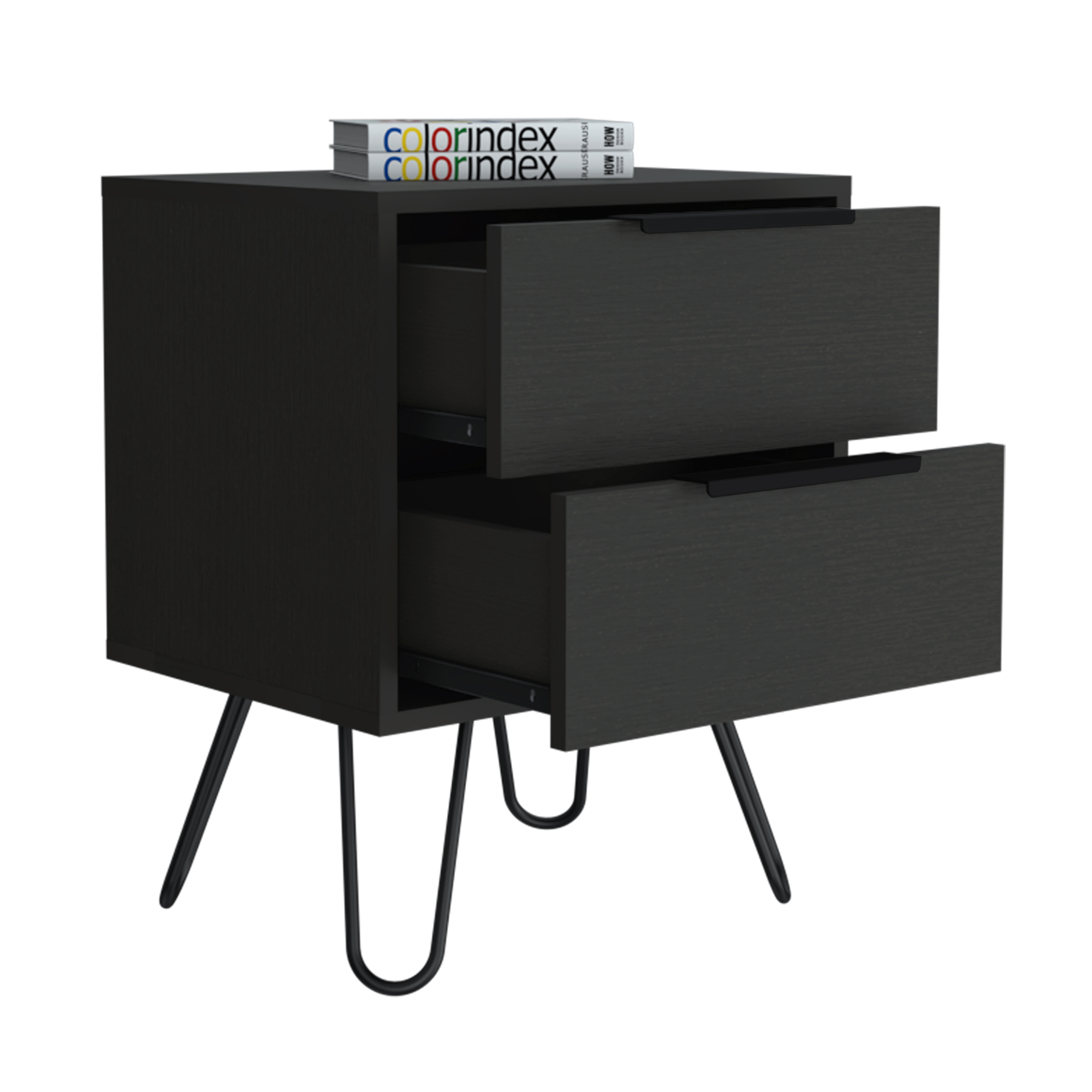 2 Nightstand, Hairpin Legs, Two Drawers, Black