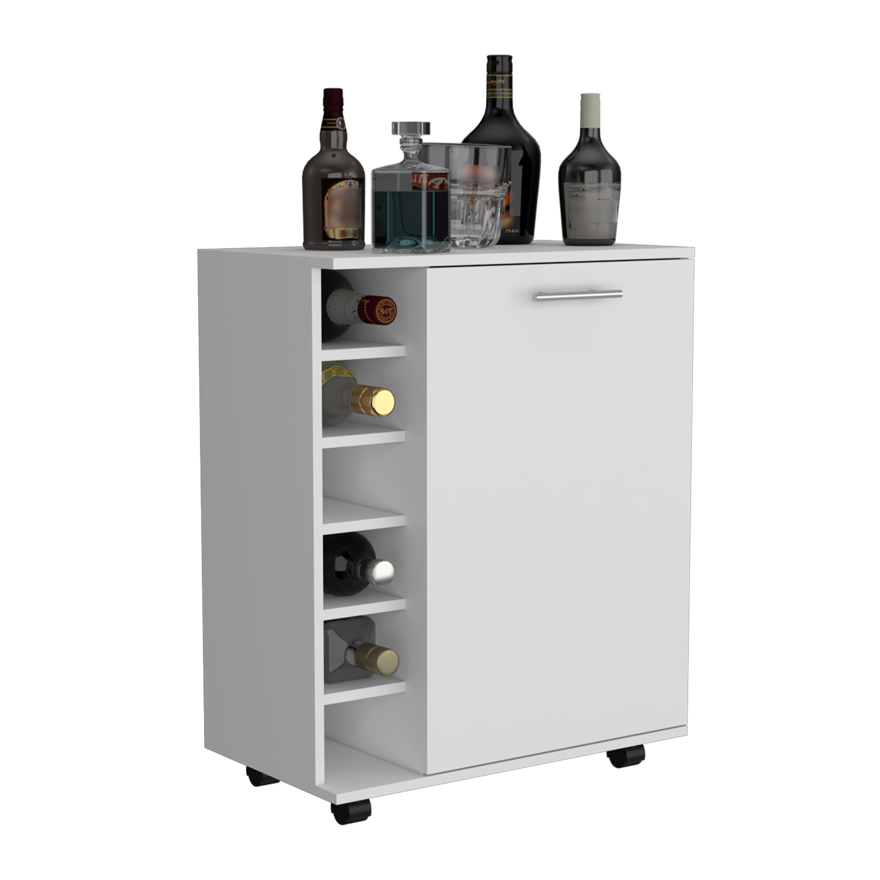 32" H white bar -coffee cart, Kitchen or living room cabinet storage with  4 wheels, with 6 bottle racks, a central shelf covered by 1 door, ideal for storing glasses and snacks