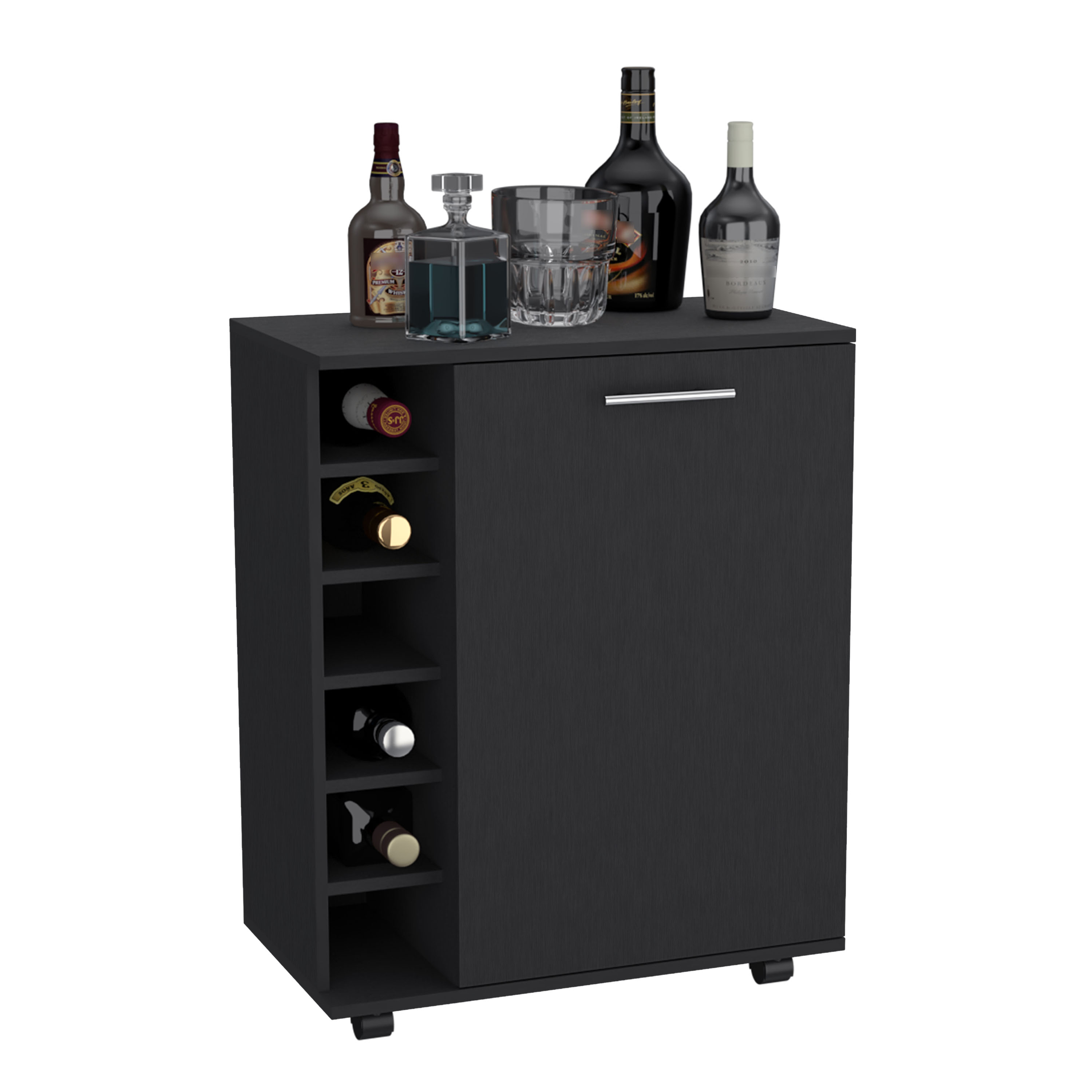 32" H Black bar -coffee cart, Kitchen or living room cabinet storage with  4 wheels, with 6 bottle racks, a central shelf covered by 1 door, ideal for storing glasses and snacks