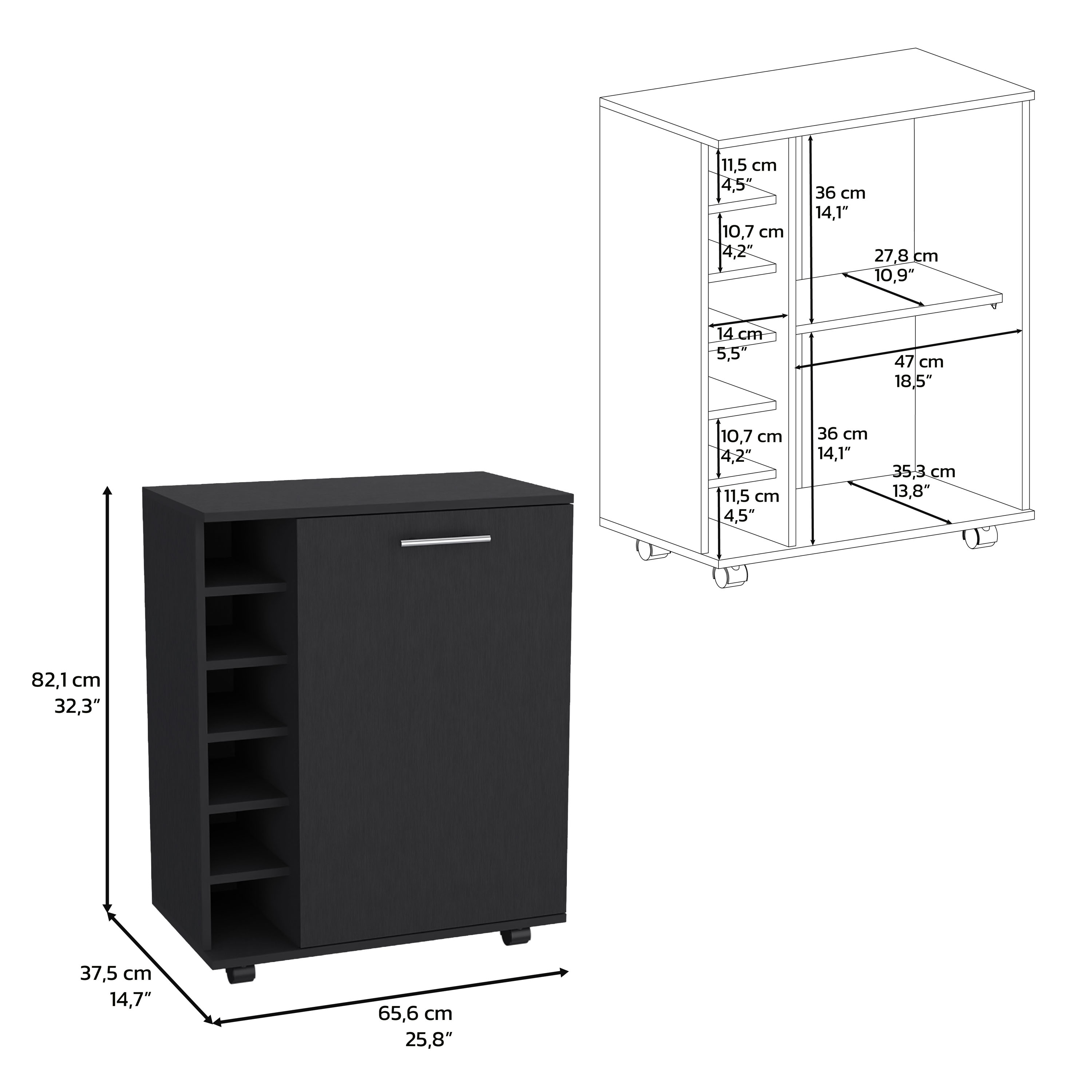 32" H Black bar -coffee cart, Kitchen or living room cabinet storage with  4 wheels, with 6 bottle racks, a central shelf covered by 1 door, ideal for storing glasses and snacks