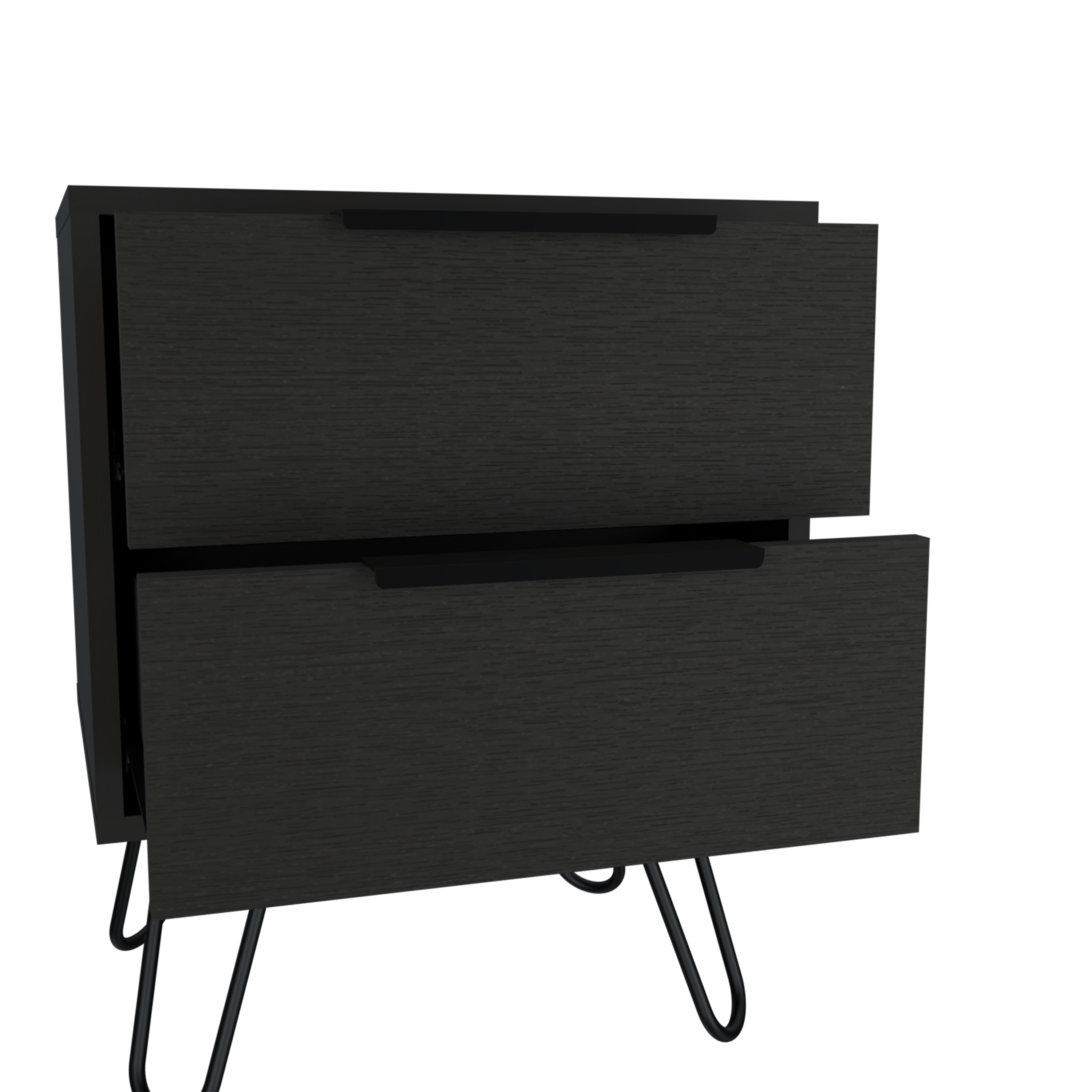 Nightstand 22" H, Empat kaki hairpin, Dua laci Hitam