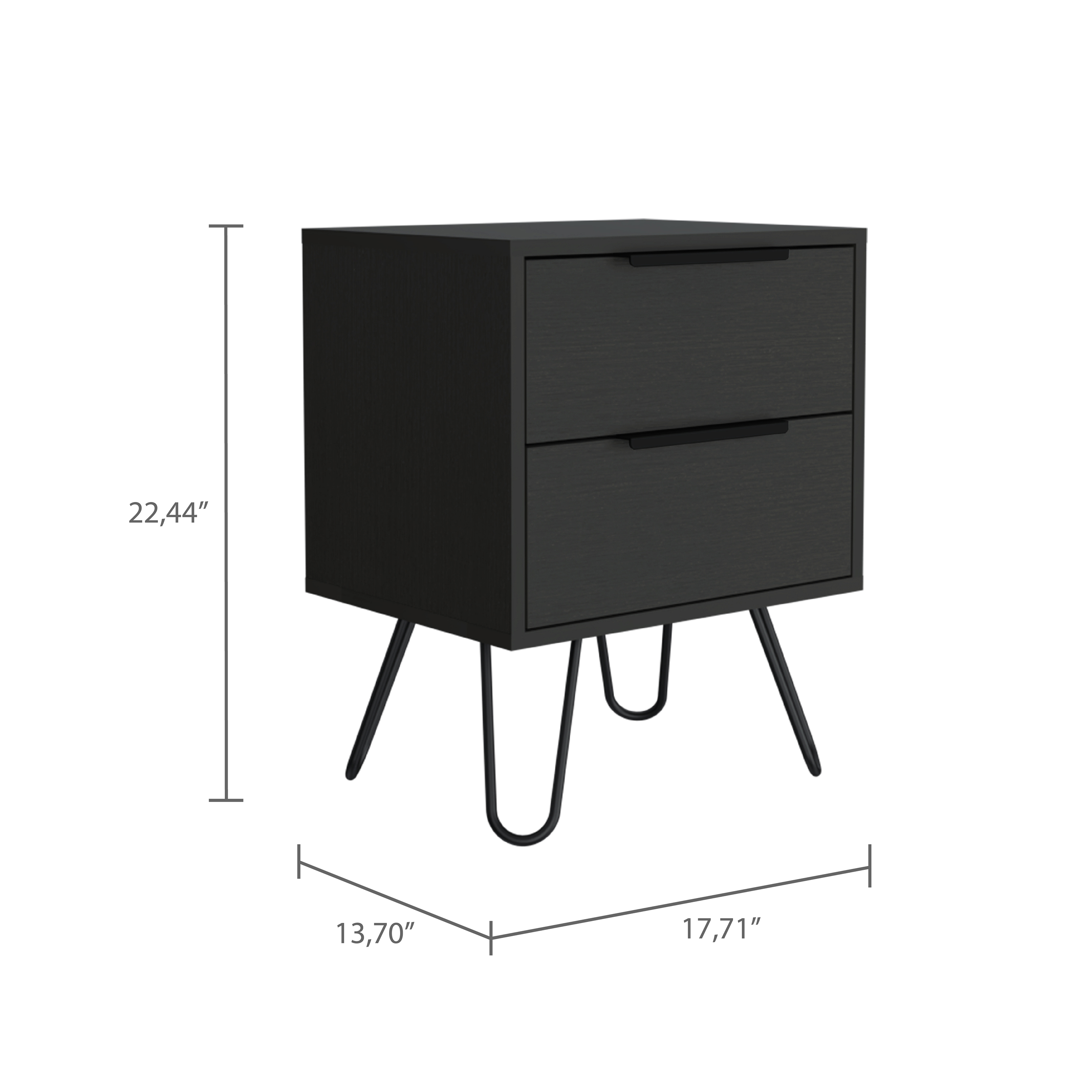 Table de chevet 22" H, Quatre pieds épingle à cheveux, Deux tiroirs Noir