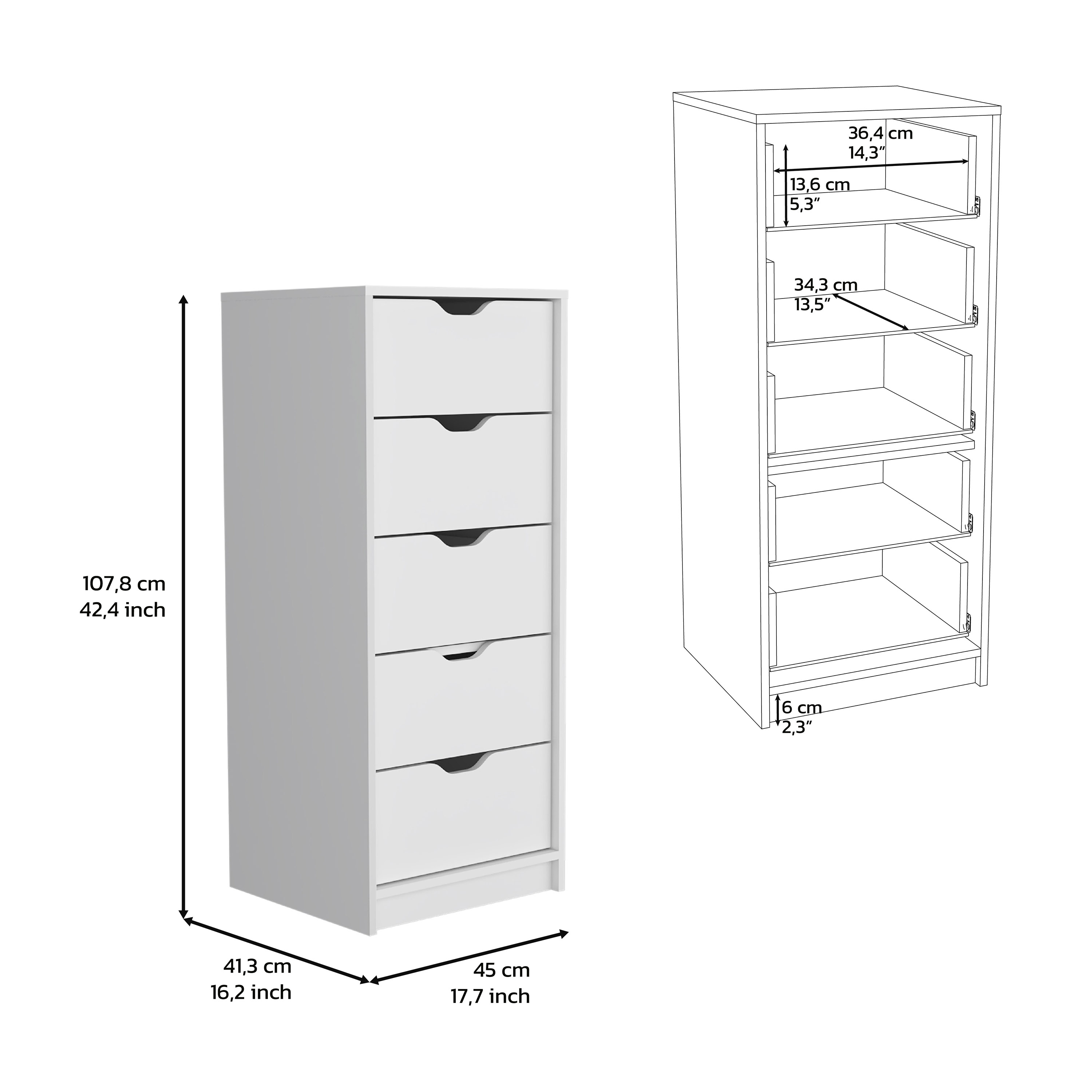 Dresser 42"H, 5 Drawers , Slim Storage Chest of Drawers, White