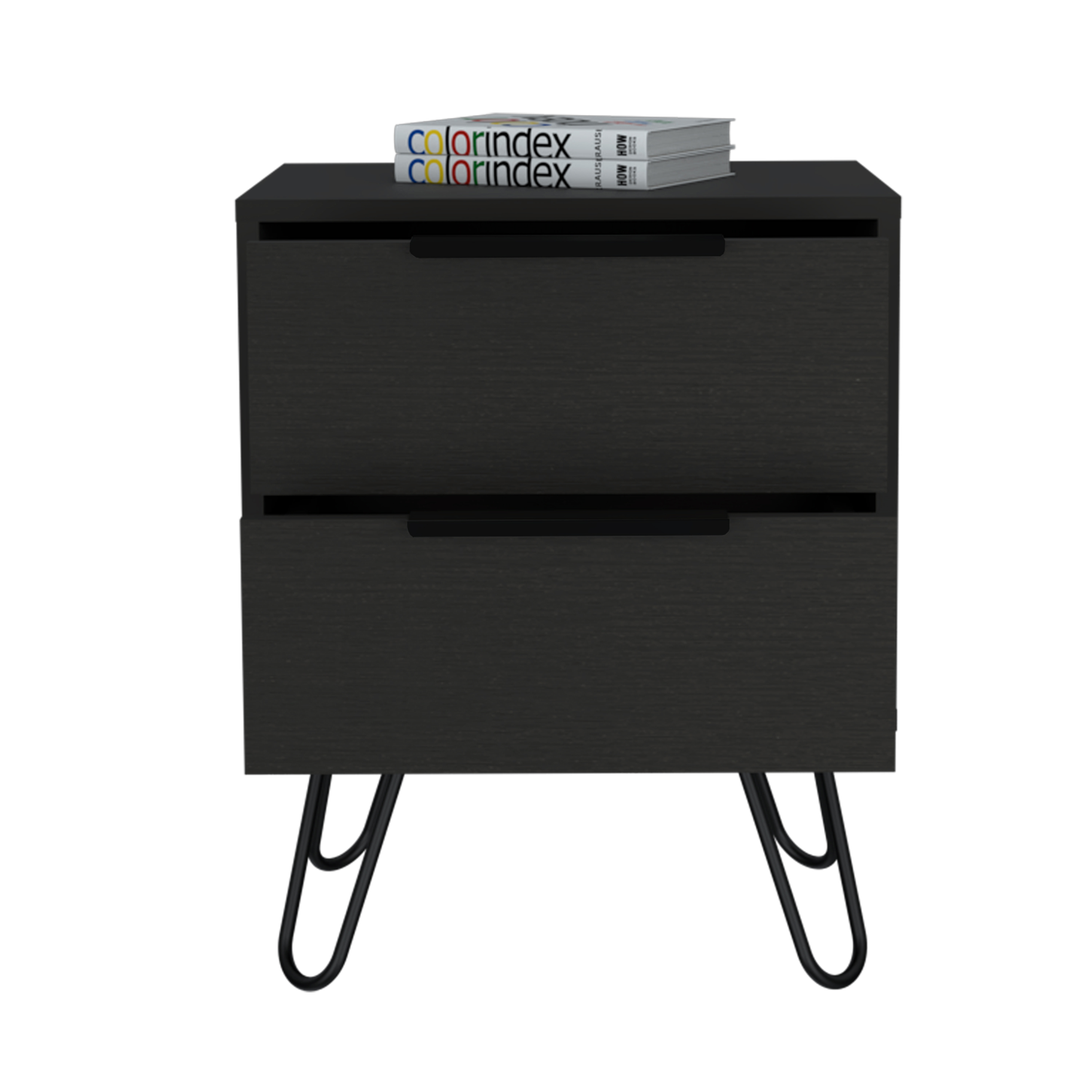 Nightstand 22" H, Empat kaki hairpin, Dua laci Hitam