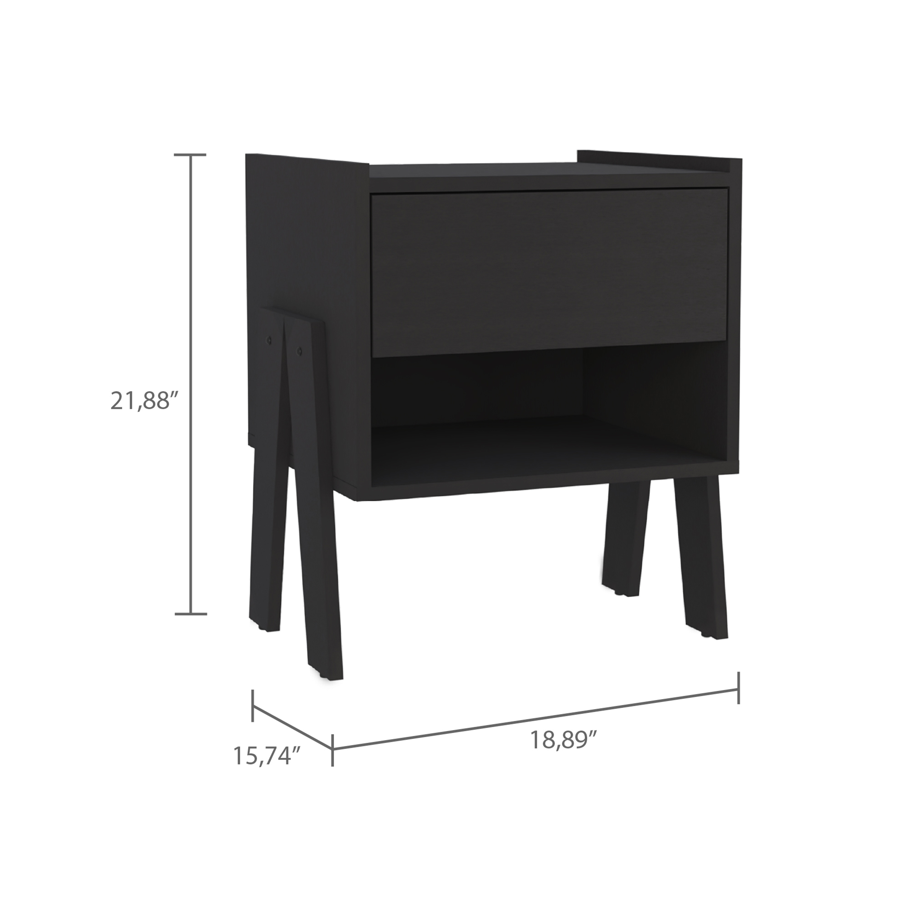 Nightstand 22"H, One Drawer, One Open Shelf, Black